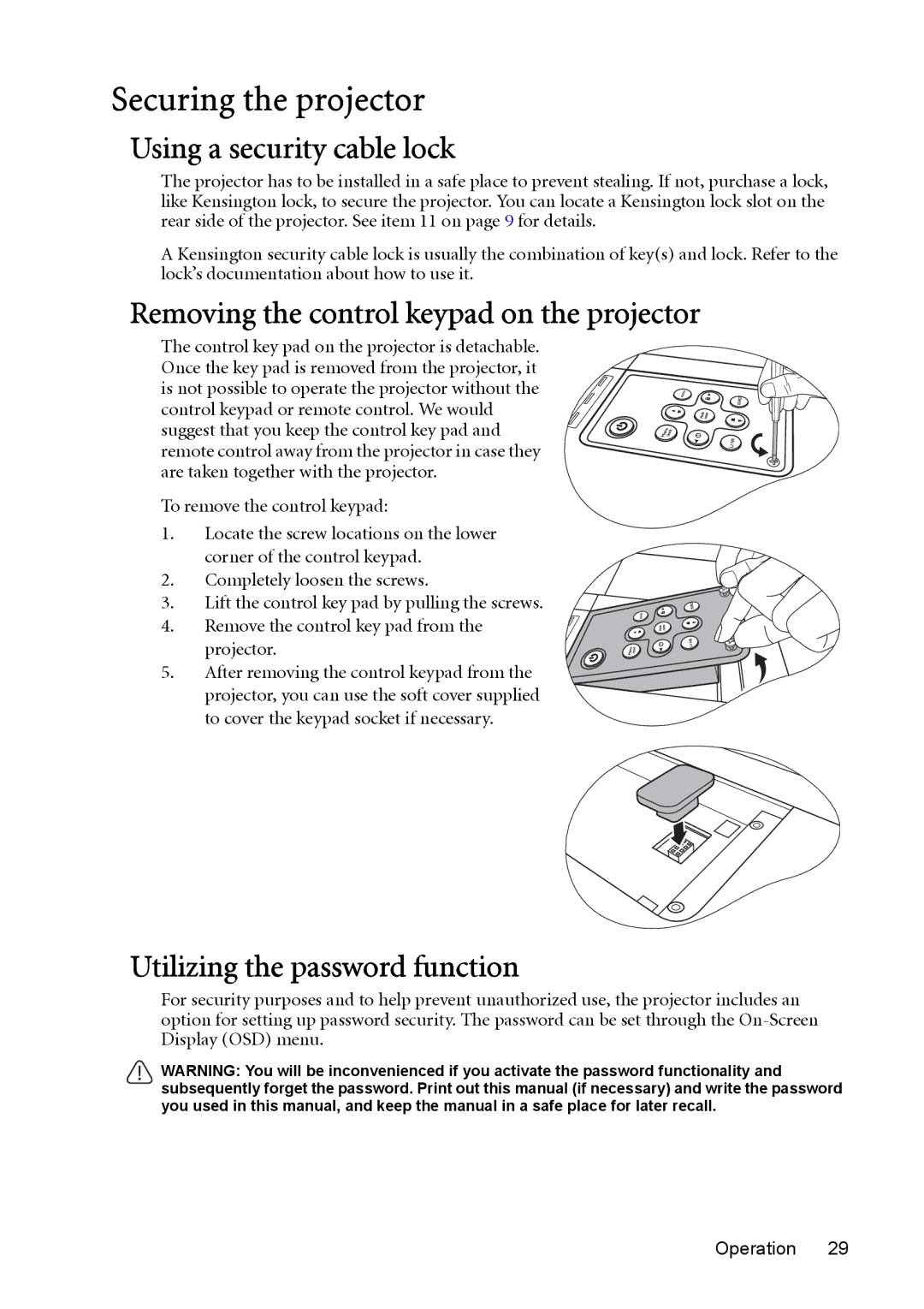 BenQ MP730 manual Securing the projector, Using a security cable lock, Removing the control keypad on the projector 