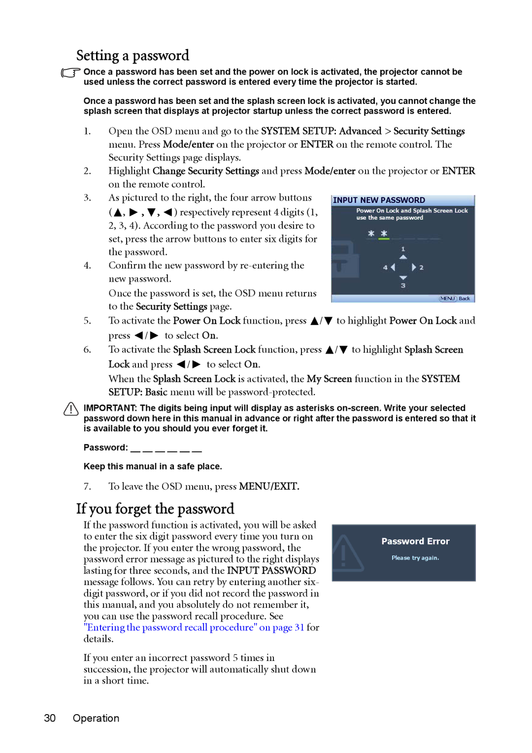 BenQ MP730 manual Setting a password, If you forget the password, Respectively represent 4 digits, To the Security Settings 