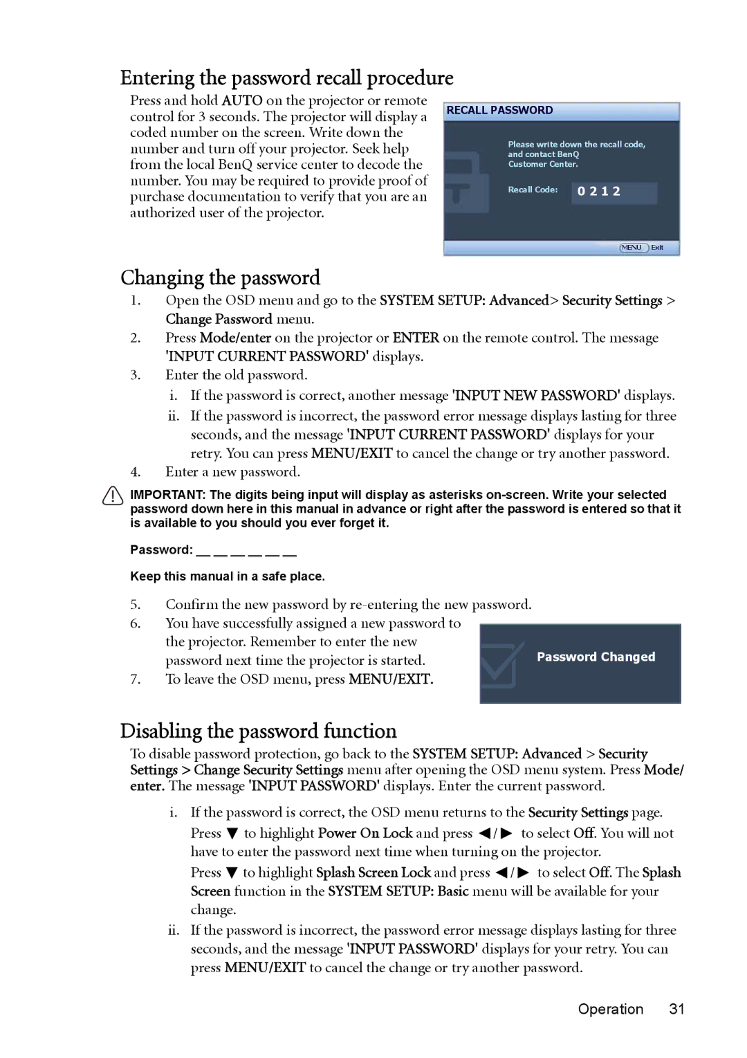 BenQ MP730 manual Entering the password recall procedure, Changing the password, Disabling the password function 