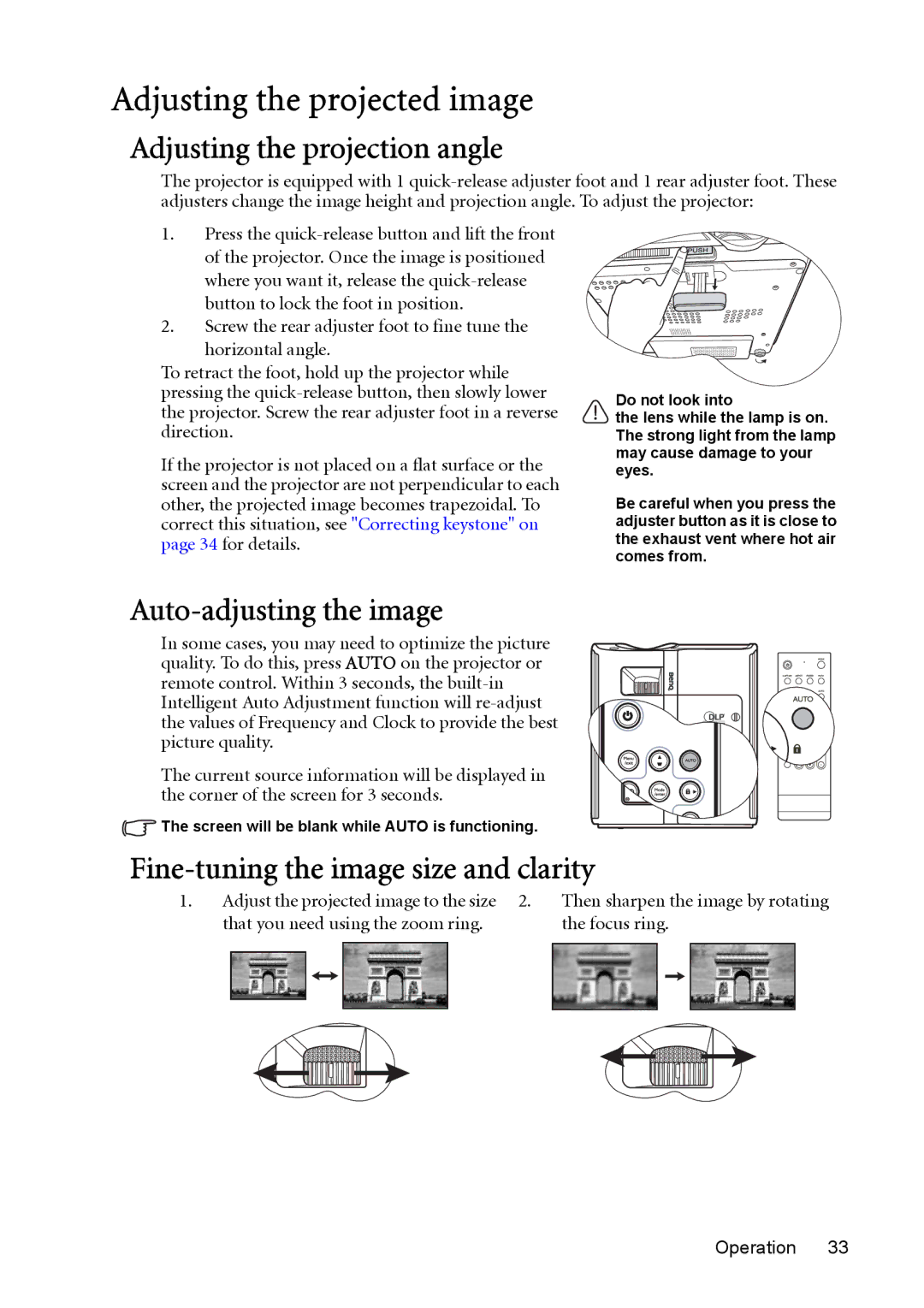 BenQ MP730 manual Adjusting the projected image, Adjusting the projection angle, Auto-adjusting the image 