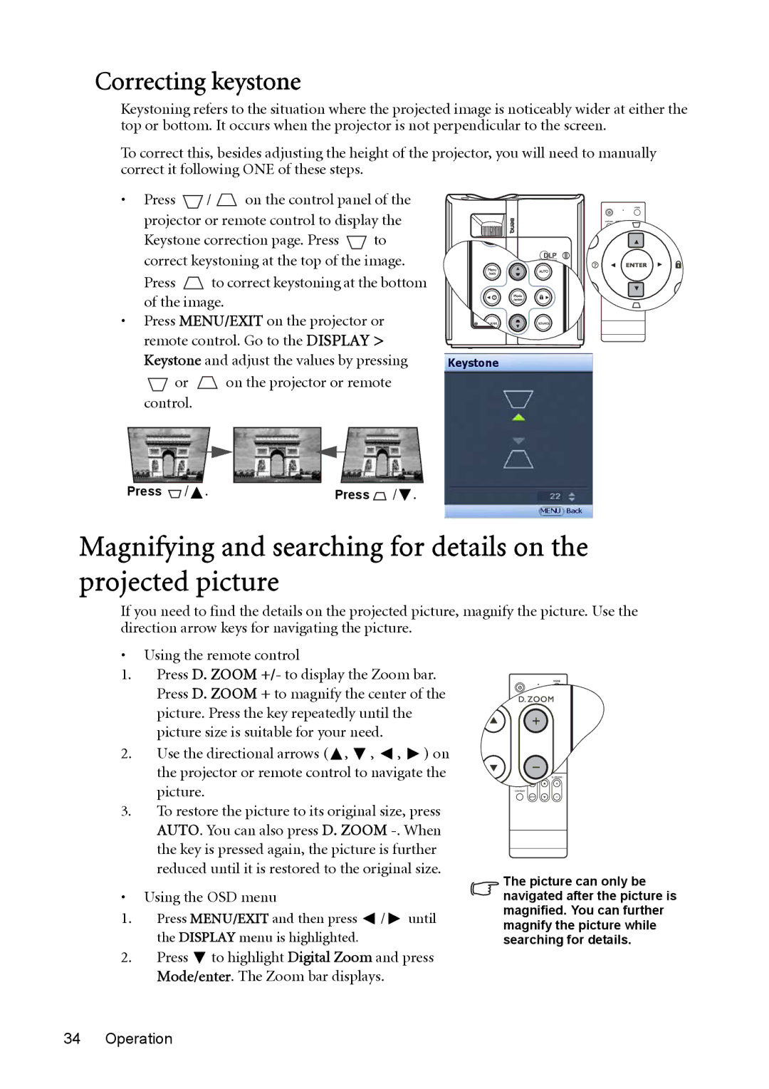 BenQ MP730 manual Correcting keystone, On the projector or remote Control 