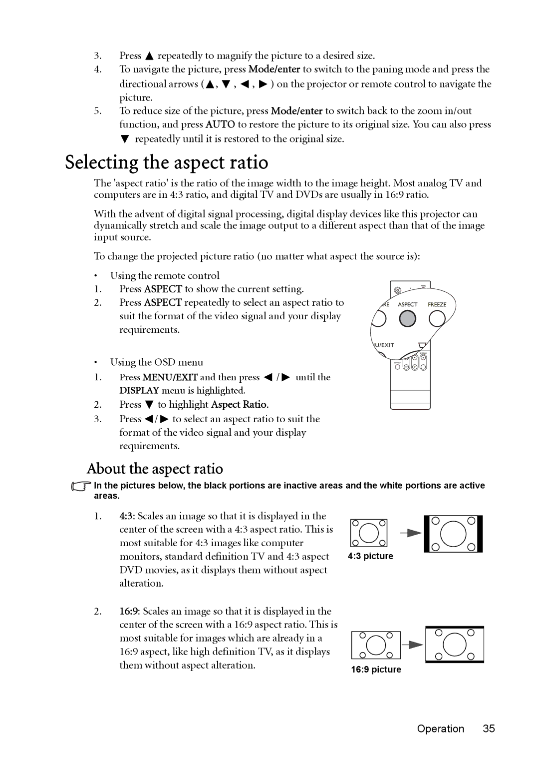 BenQ MP730 manual Selecting the aspect ratio, About the aspect ratio 