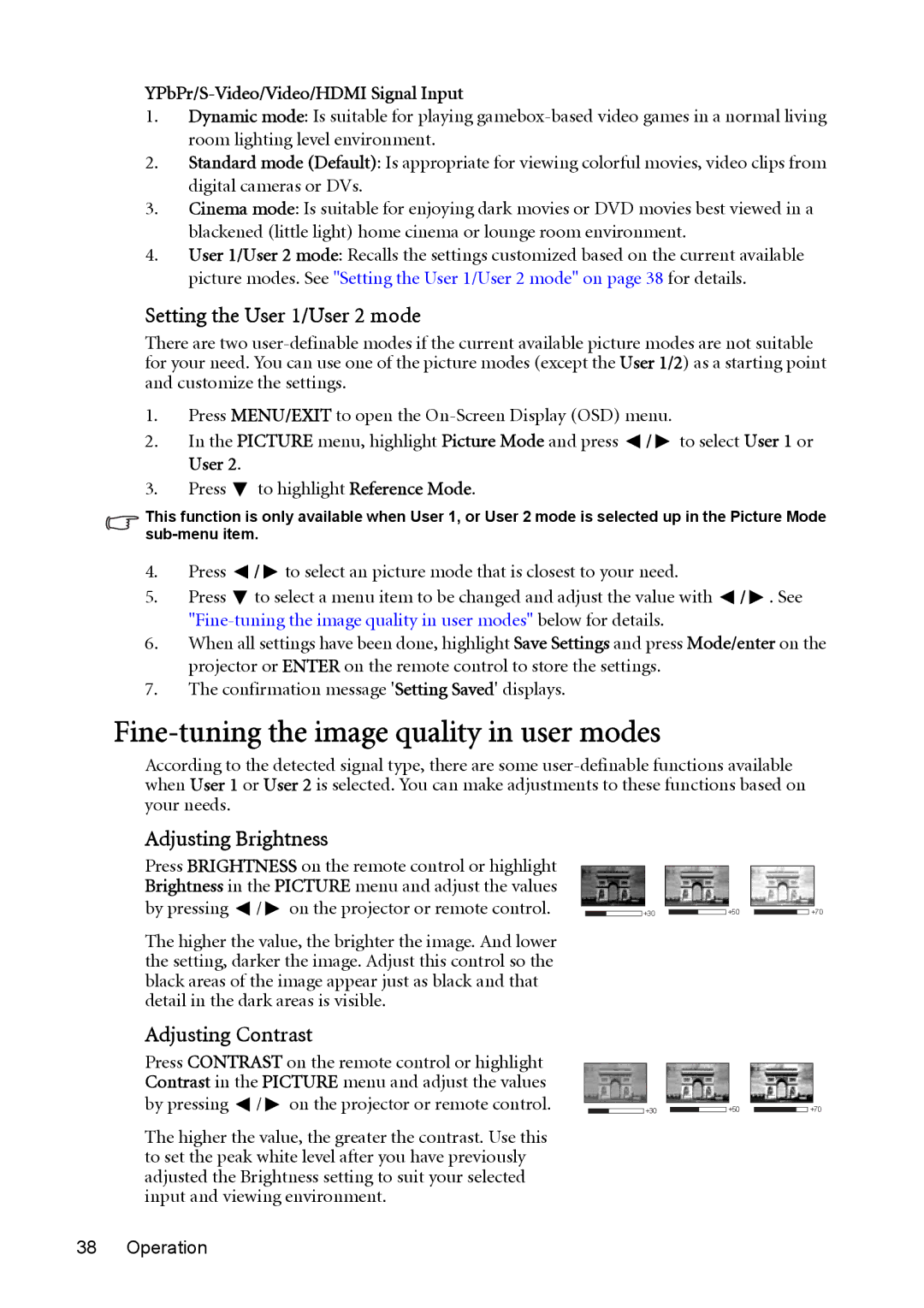 BenQ MP730 manual Fine-tuning the image quality in user modes, Setting the User 1/User 2 mode, Adjusting Brightness 