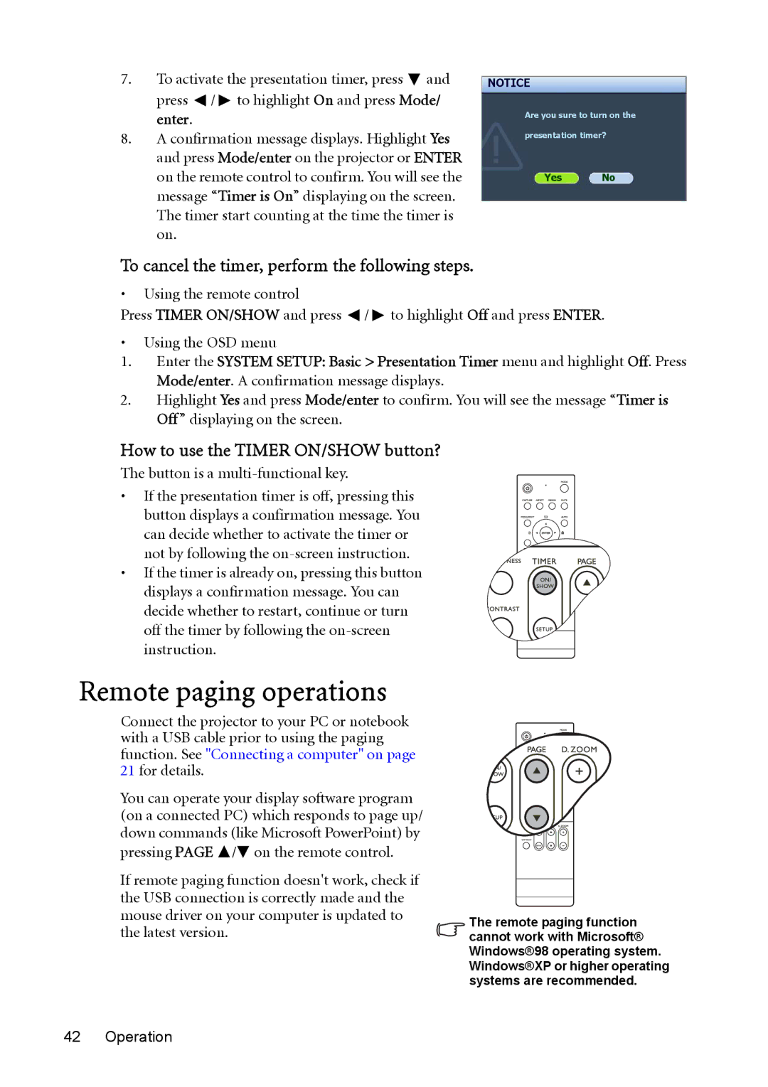 BenQ MP730 Remote paging operations, To cancel the timer, perform the following steps, Button is a multi-functional key 