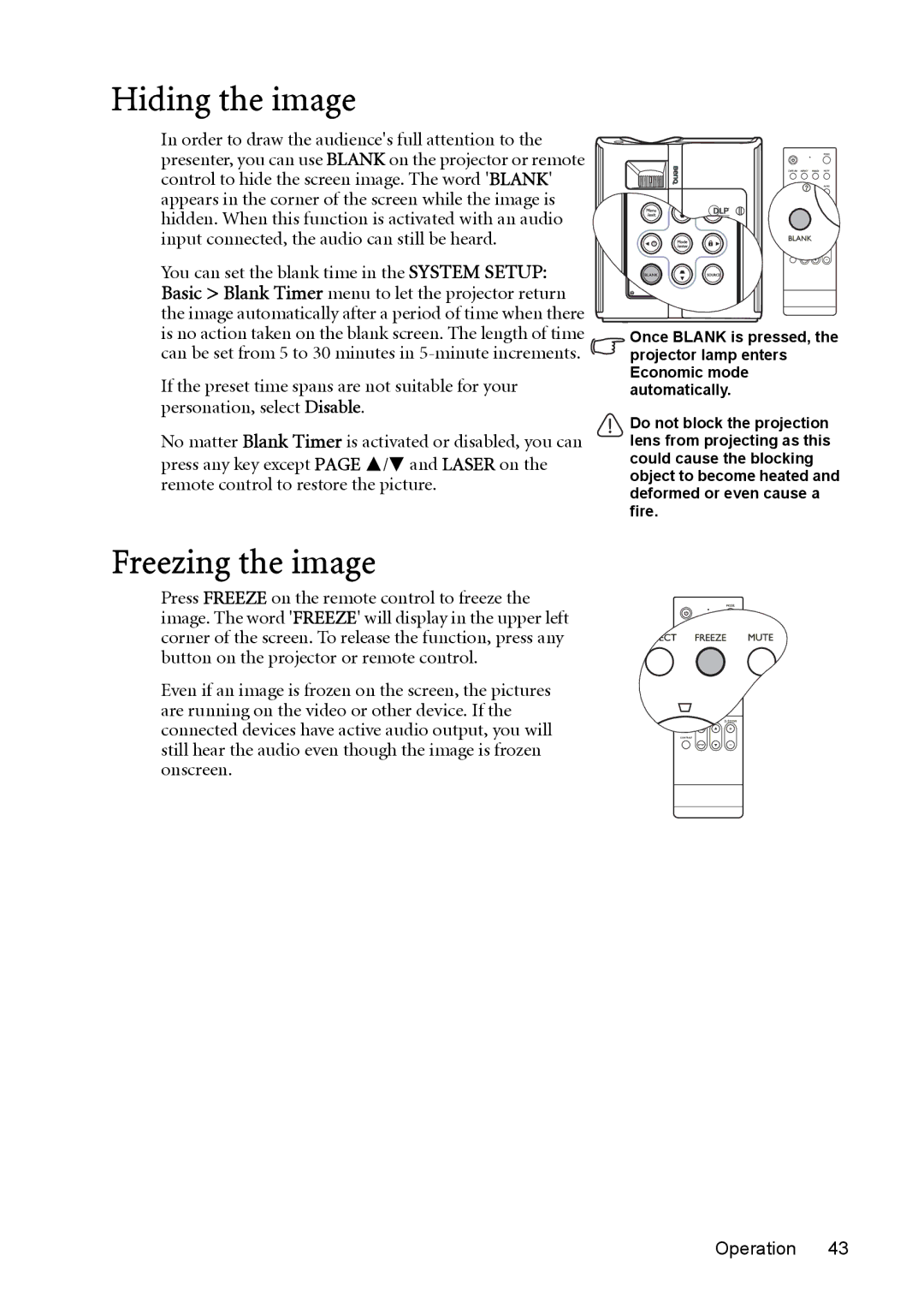 BenQ MP730 manual Hiding the image, Freezing the image 