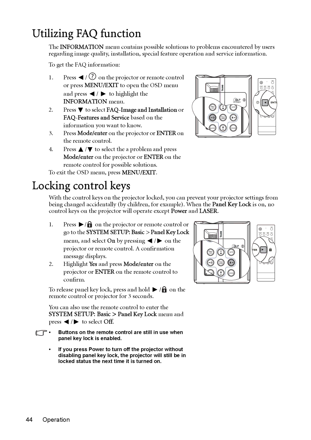 BenQ MP730 manual Utilizing FAQ function, Locking control keys, Go to the System Setup Basic Panel Key Lock 