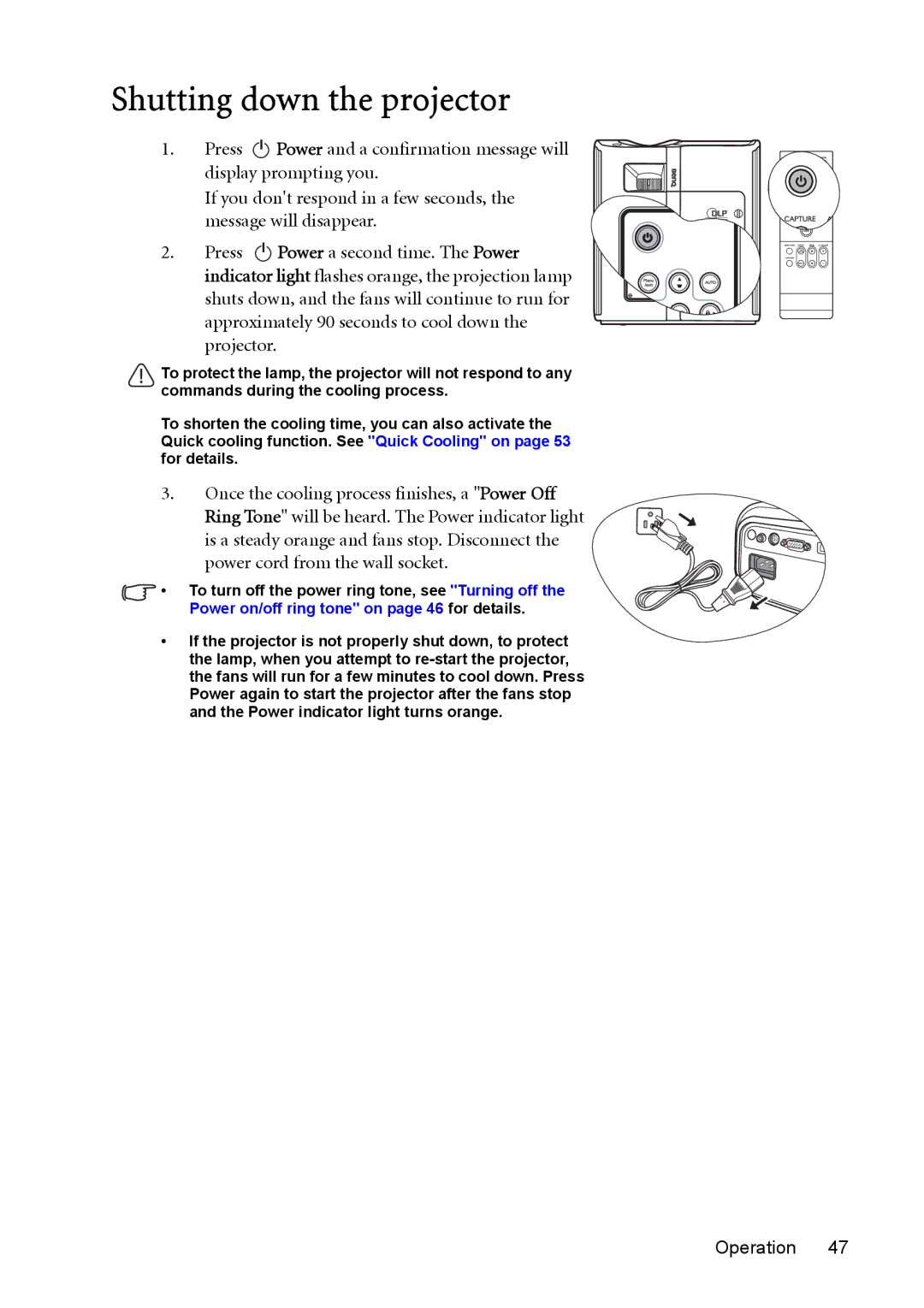 BenQ MP730 manual Shutting down the projector, Display prompting you 