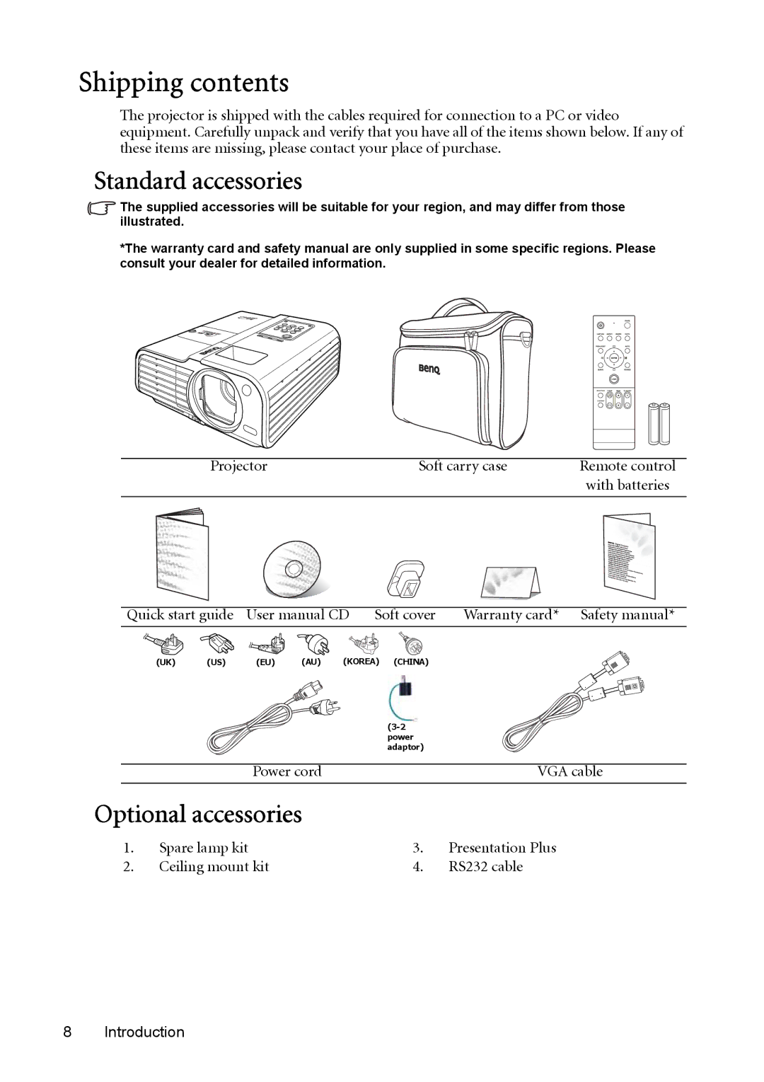 BenQ MP730 manual Shipping contents 