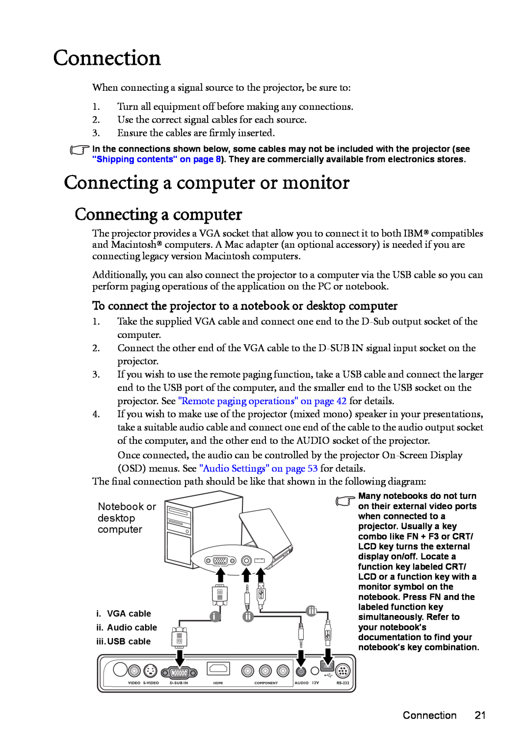 BenQ MP730 manual Connection, Connecting a computer or monitor 