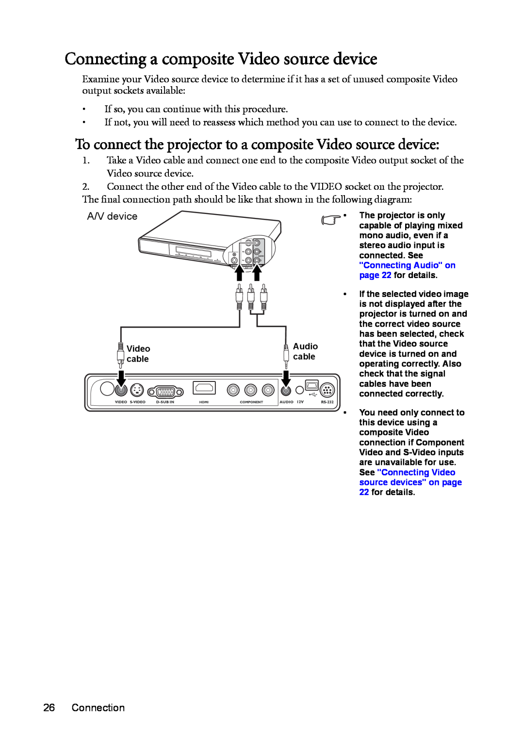 BenQ MP730 manual Connecting a composite Video source device, To connect the projector to a composite Video source device 