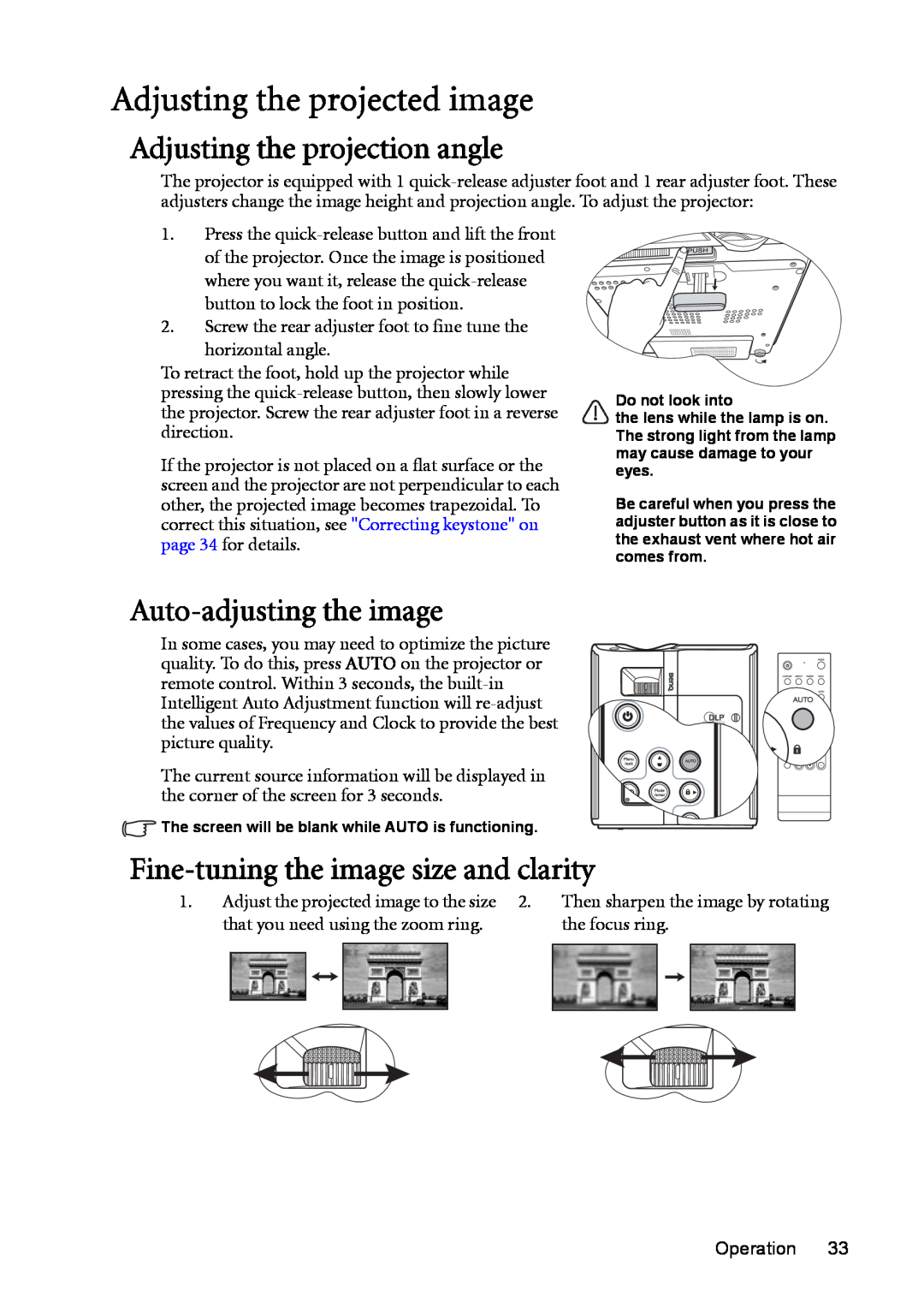 BenQ MP730 manual Adjusting the projected image, Adjusting the projection angle, Auto-adjusting the image 