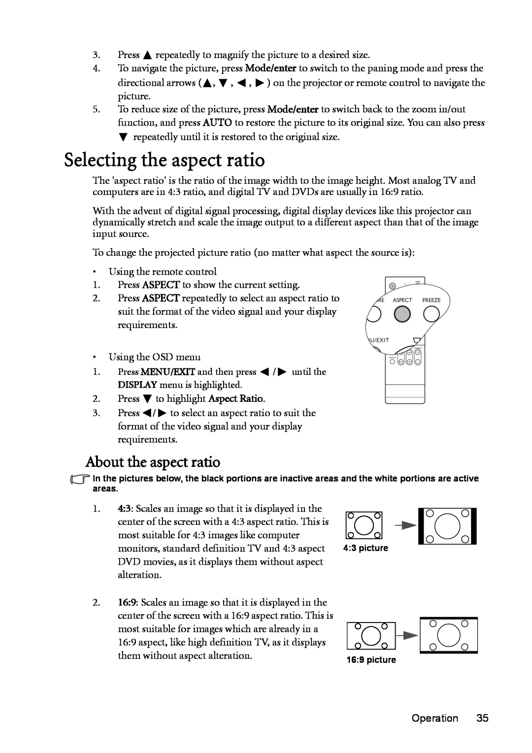 BenQ MP730 manual Selecting the aspect ratio, About the aspect ratio 