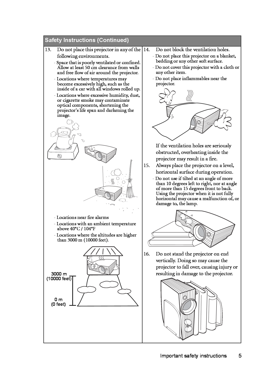 BenQ MP730 manual Safety Instructions Continued, Space that is poorly ventilated or confined, 3000 m, feet 