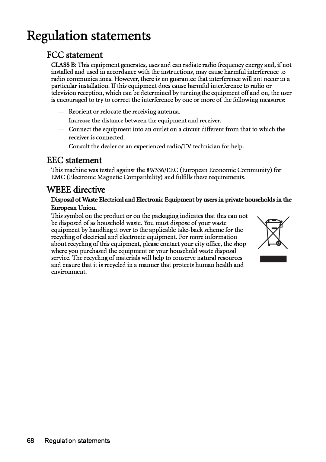 BenQ MP730 manual Regulation statements, FCC statement, EEC statement, WEEE directive 