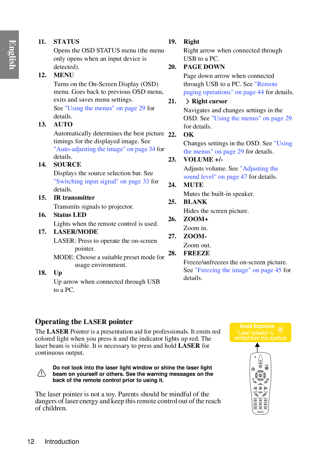 BenQ MP735, MP727 user manual Operating the Laser pointer 