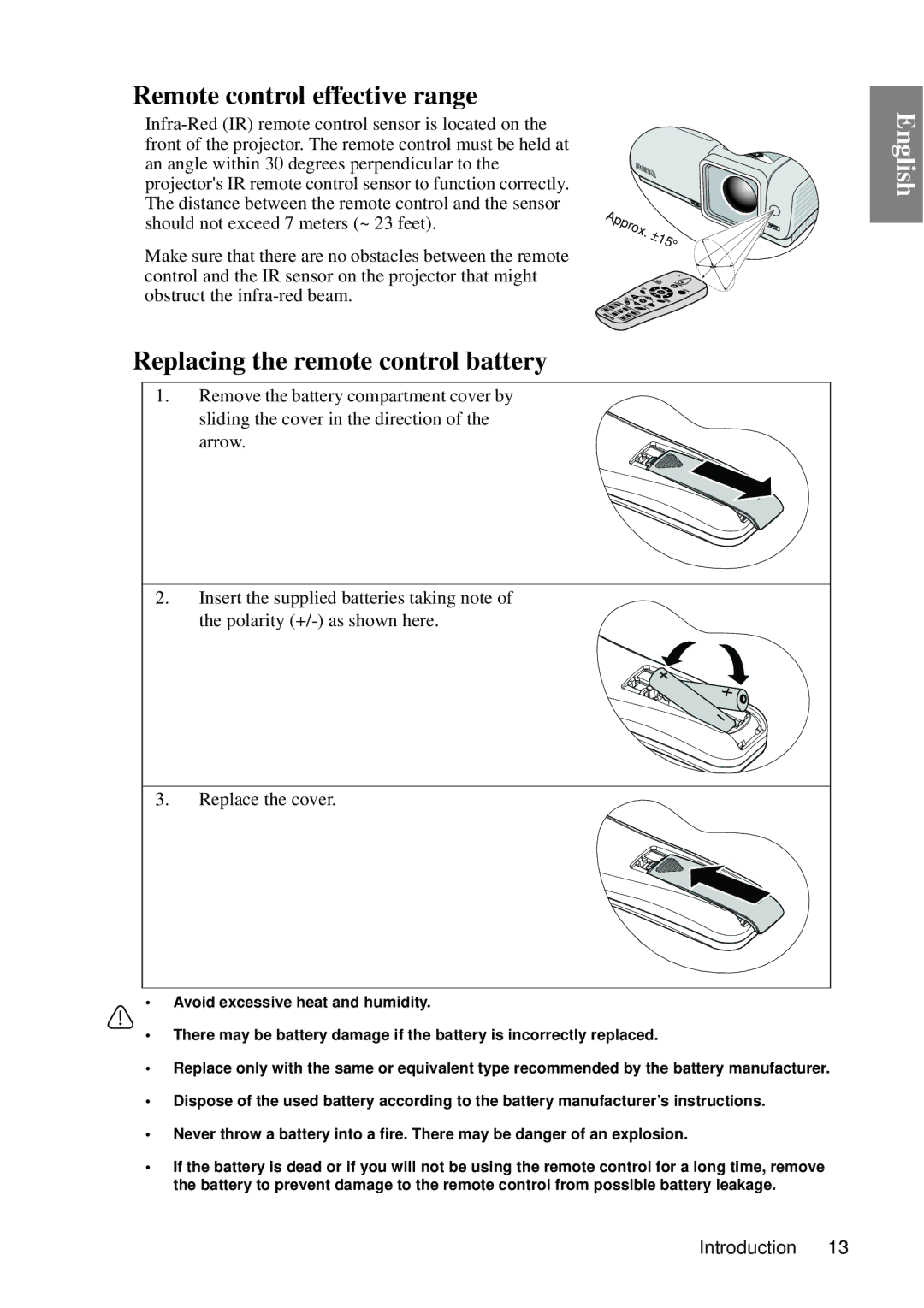 BenQ MP727, MP735 user manual Remote control effective range 