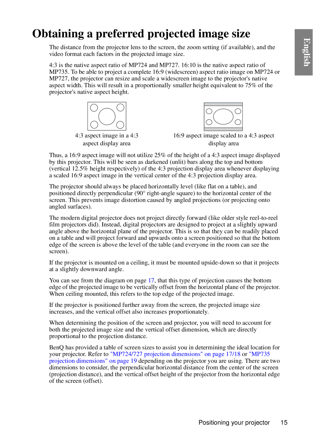 BenQ MP727, MP735 user manual Obtaining a preferred projected image size, Aspect display area Display area 