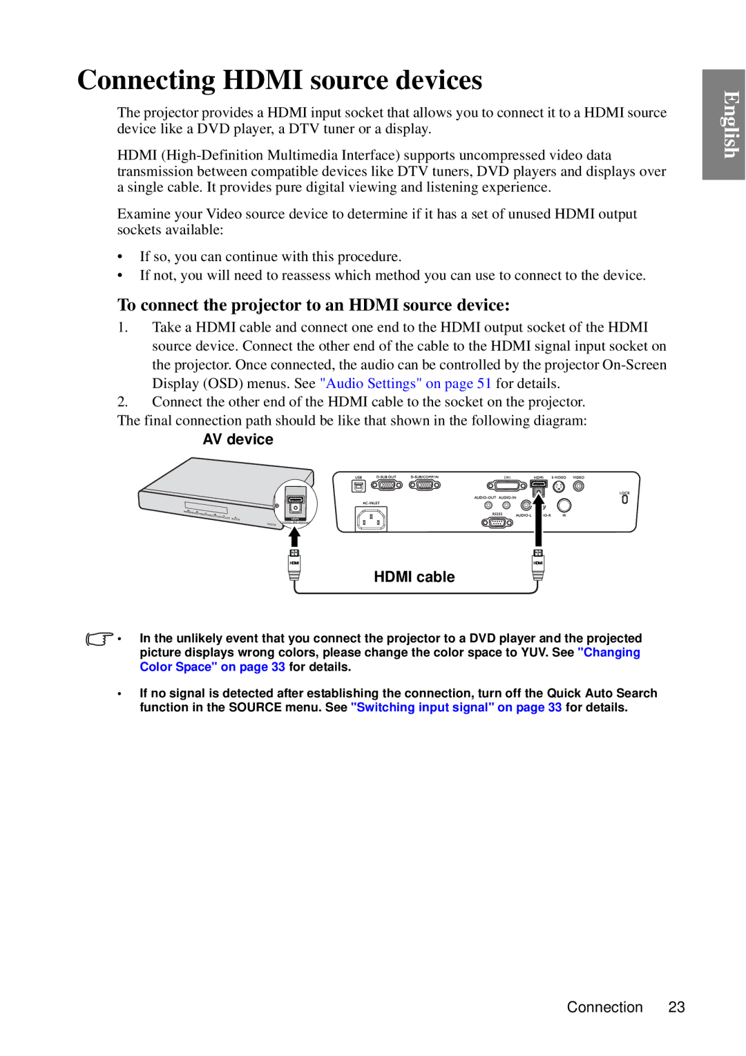 BenQ MP727, MP735 user manual Connecting Hdmi source devices, To connect the projector to an Hdmi source device 