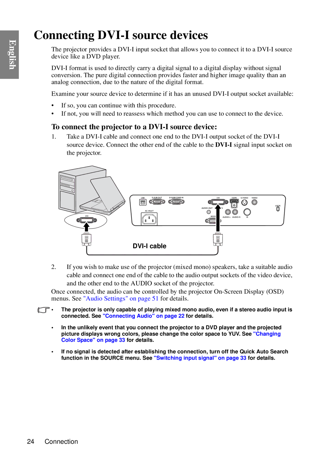 BenQ MP735, MP727 user manual Connecting DVI-I source devices, To connect the projector to a DVI-I source device 