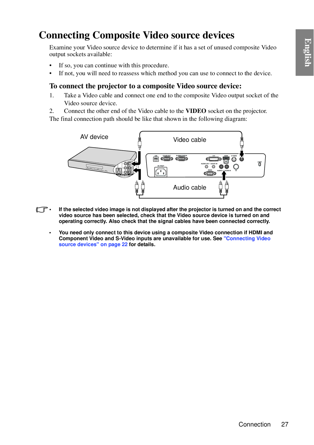 BenQ MP727, MP735 Connecting Composite Video source devices, To connect the projector to a composite Video source device 