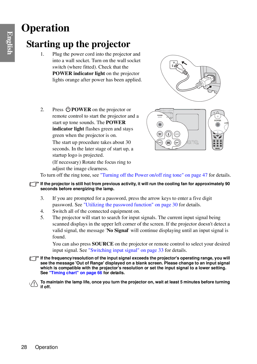 BenQ MP735, MP727 user manual Operation, Starting up the projector, Plug the power cord into the projector 