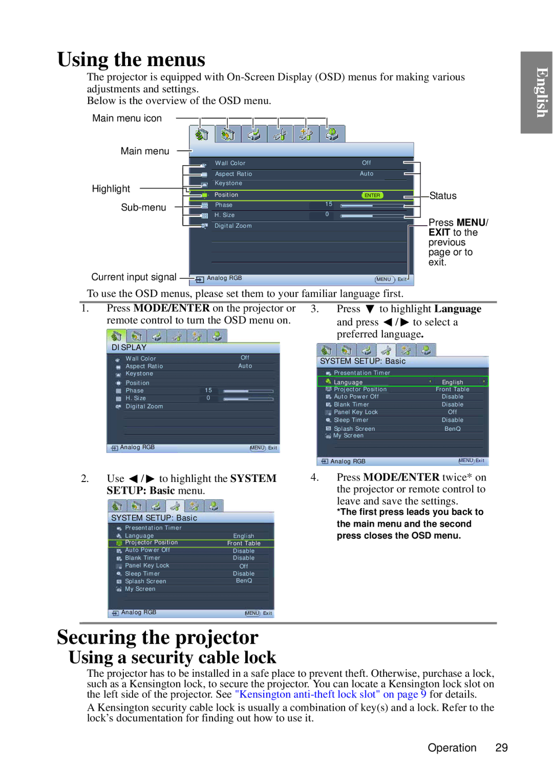 BenQ MP727, MP735 Using the menus, Securing the projector, Using a security cable lock, Leave and save the settings 