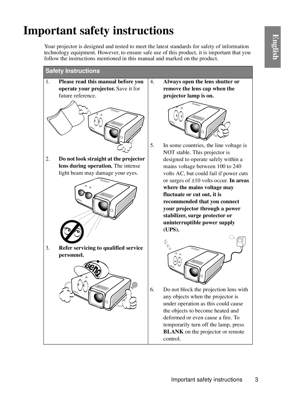 BenQ MP727, MP735 Important safety instructions, Do not look straight at the projector, Lens during operation. The intense 