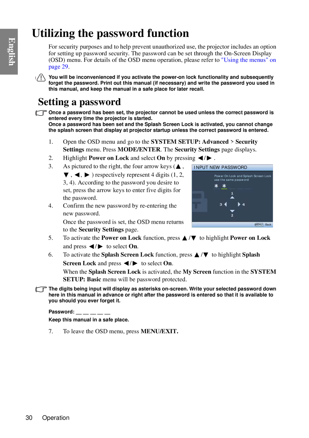 BenQ MP735, MP727 user manual Utilizing the password function, Setting a password, To leave the OSD menu, press MENU/EXIT 