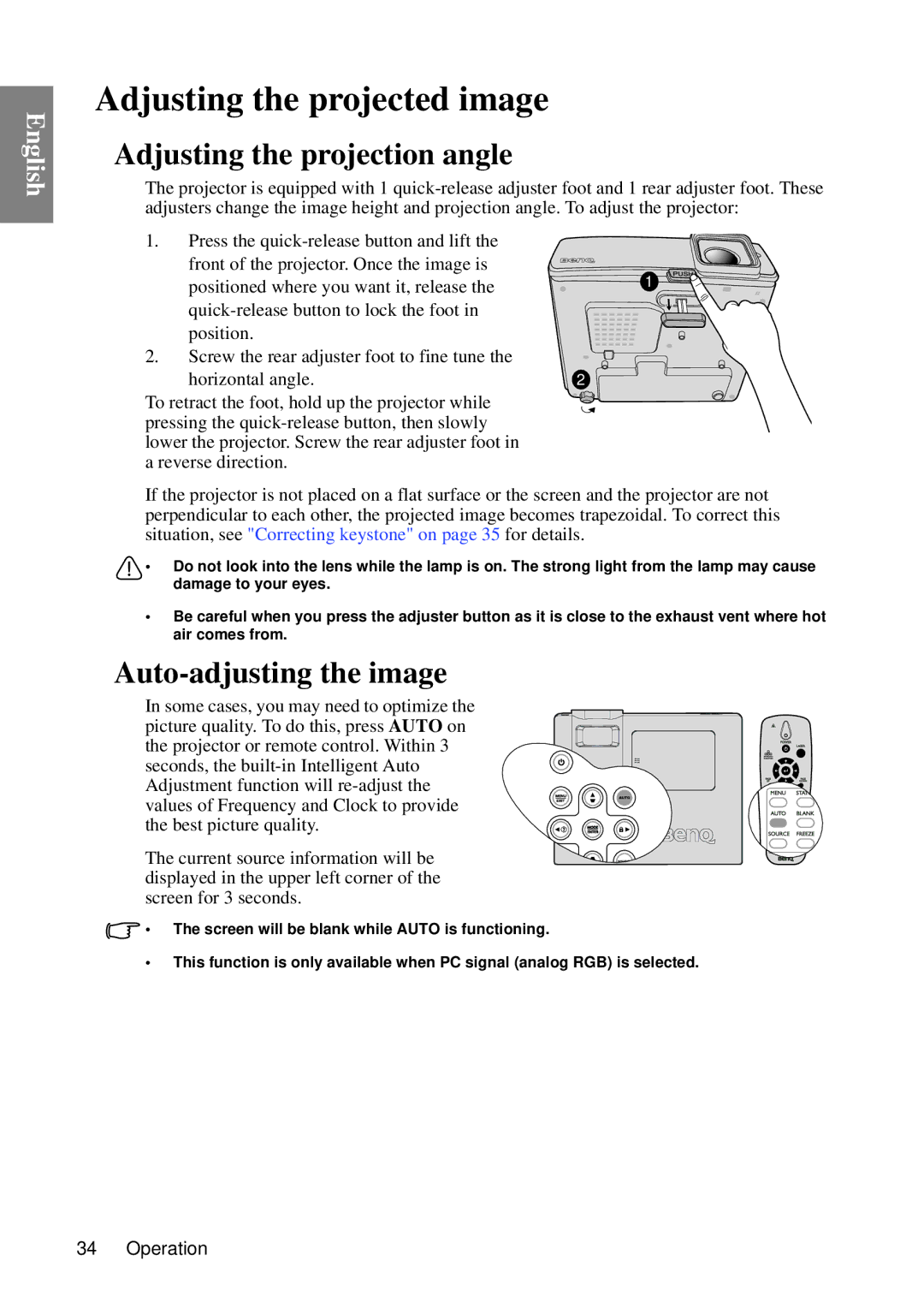 BenQ MP735, MP727 user manual Adjusting the projected image, Adjusting the projection angle, Auto-adjusting the image 