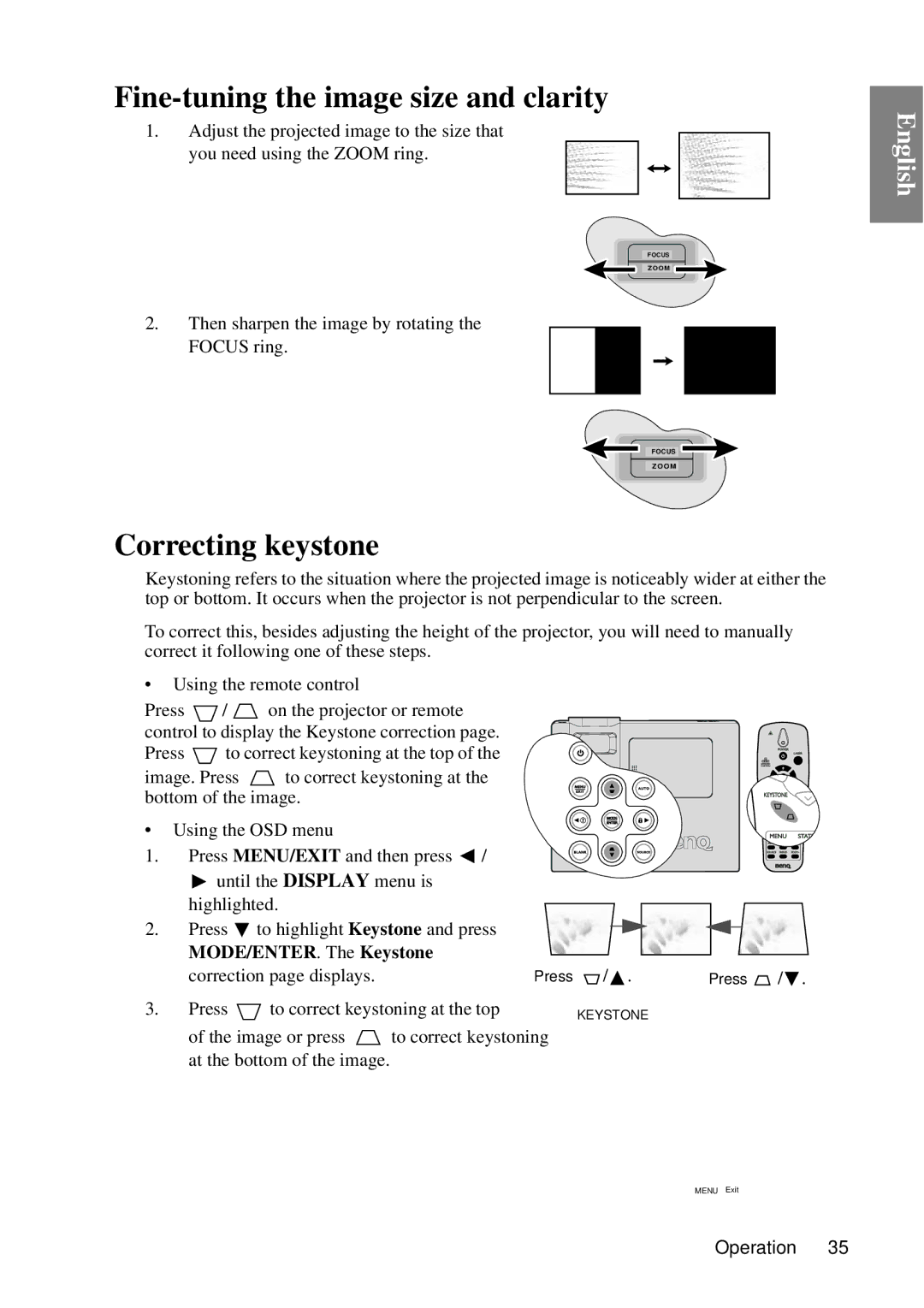 BenQ MP727 Fine-tuning the image size and clarity, Correcting keystone, Then sharpen the image by rotating the Focus ring 