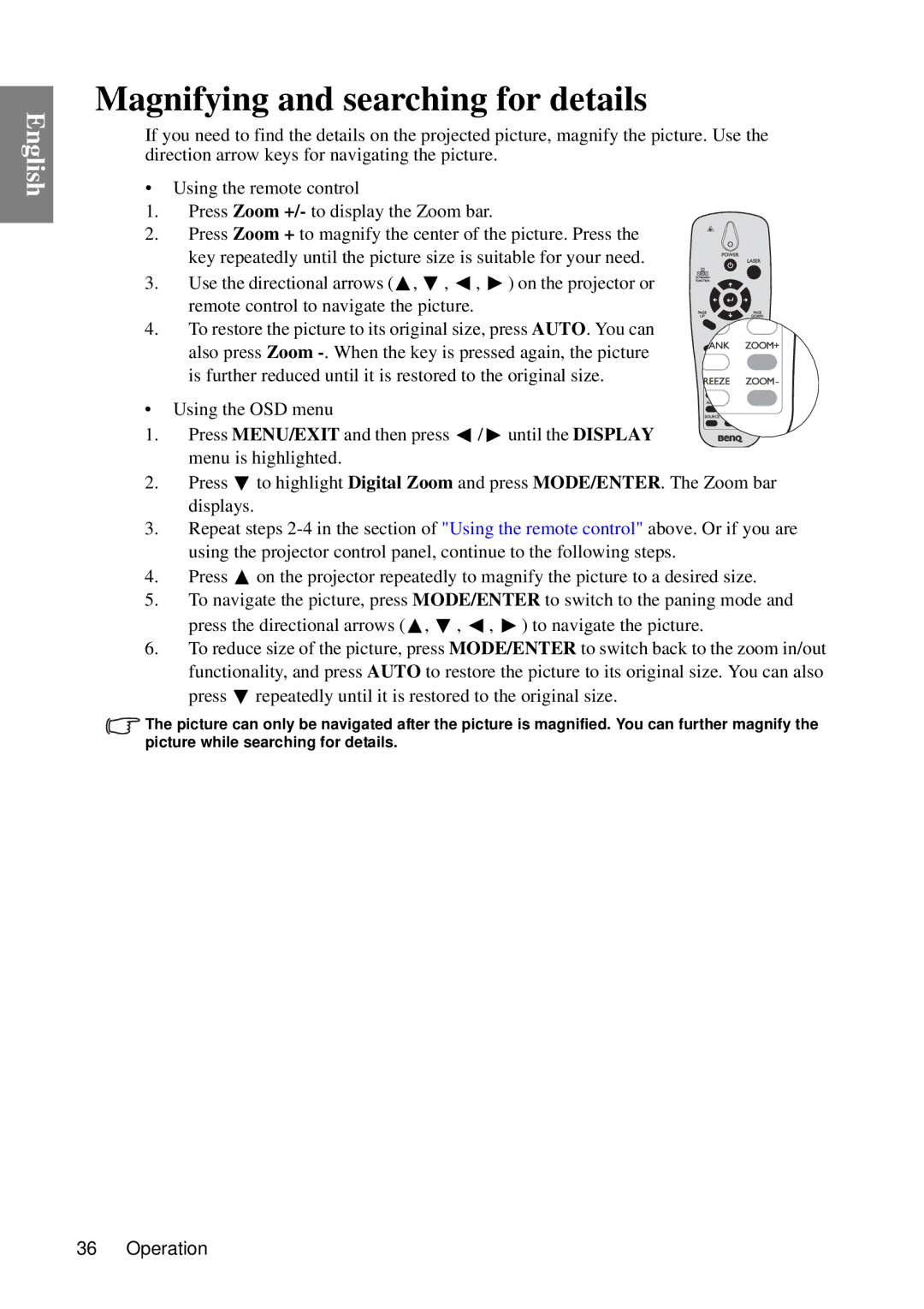 BenQ MP735, MP727 user manual Magnifying and searching for details 