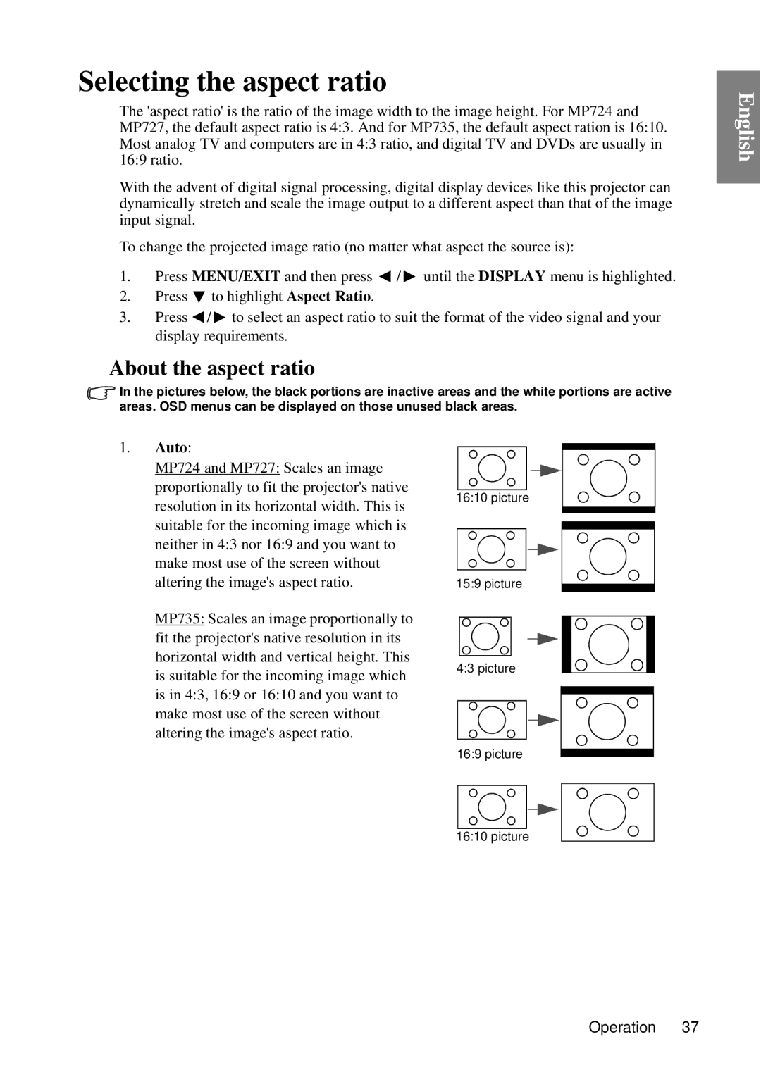 BenQ MP727, MP735 user manual Selecting the aspect ratio, About the aspect ratio 