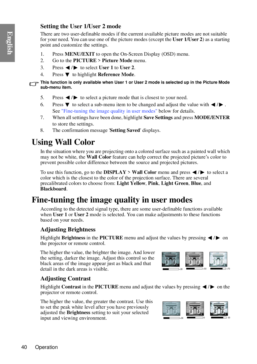 BenQ MP735, MP727 user manual Using Wall Color, Fine-tuning the image quality in user modes, Setting the User 1/User 2 mode 