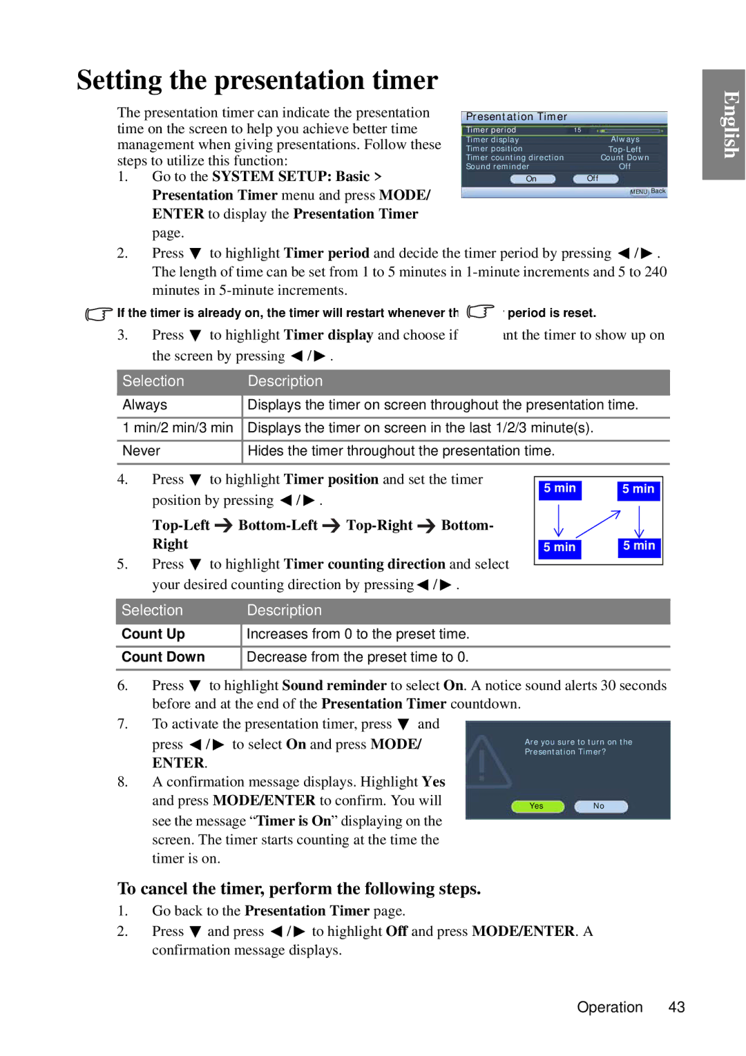 BenQ MP727 Setting the presentation timer, To cancel the timer, perform the following steps, Go to the System Setup Basic 