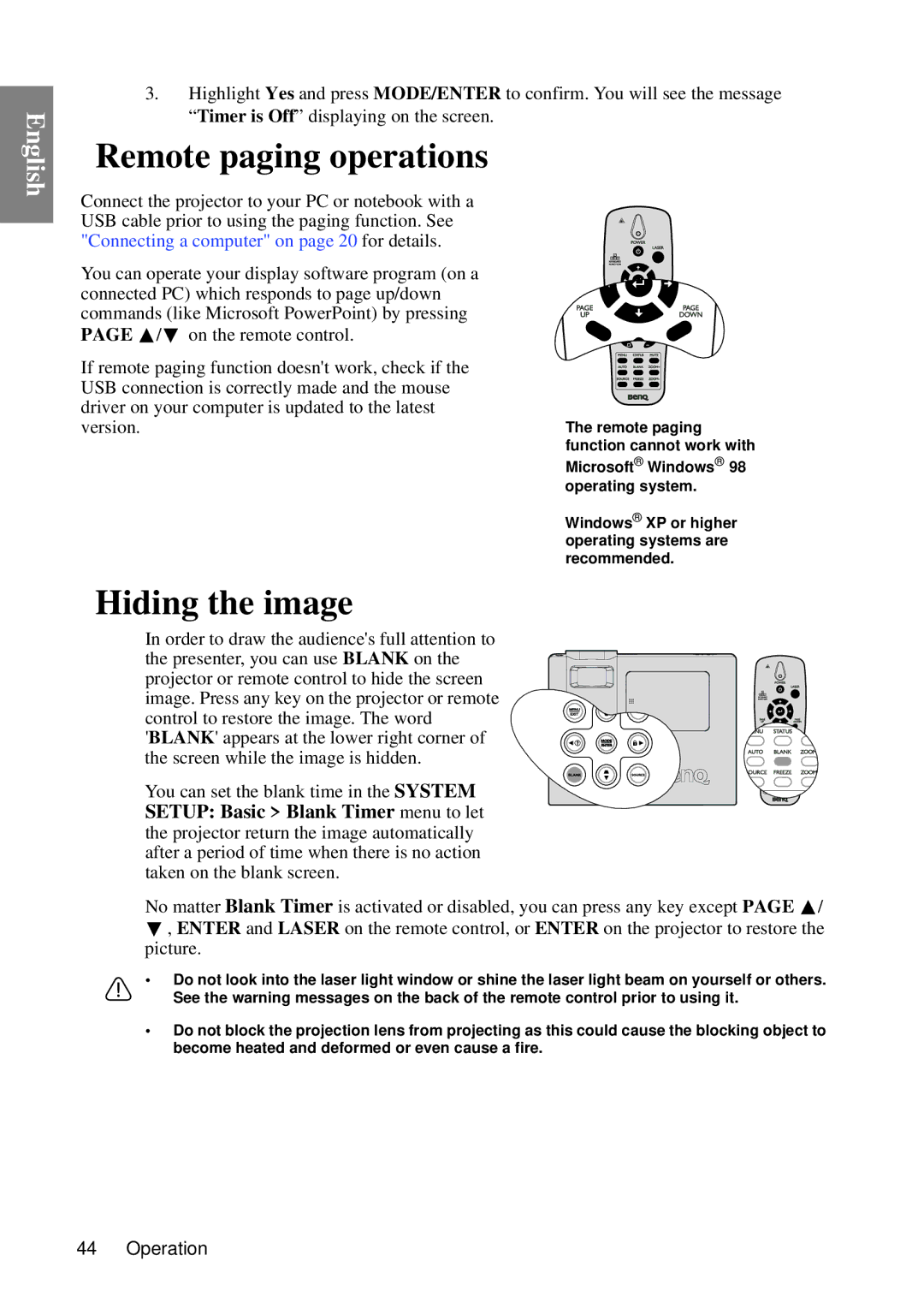 BenQ MP735, MP727 user manual Remote paging operations, Hiding the image, Version, Picture 