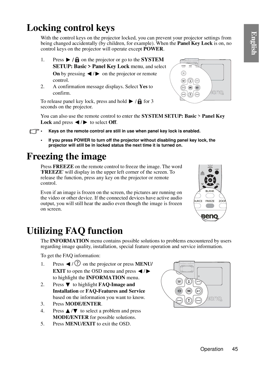 BenQ MP727, MP735 user manual Locking control keys, Freezing the image, Utilizing FAQ function 