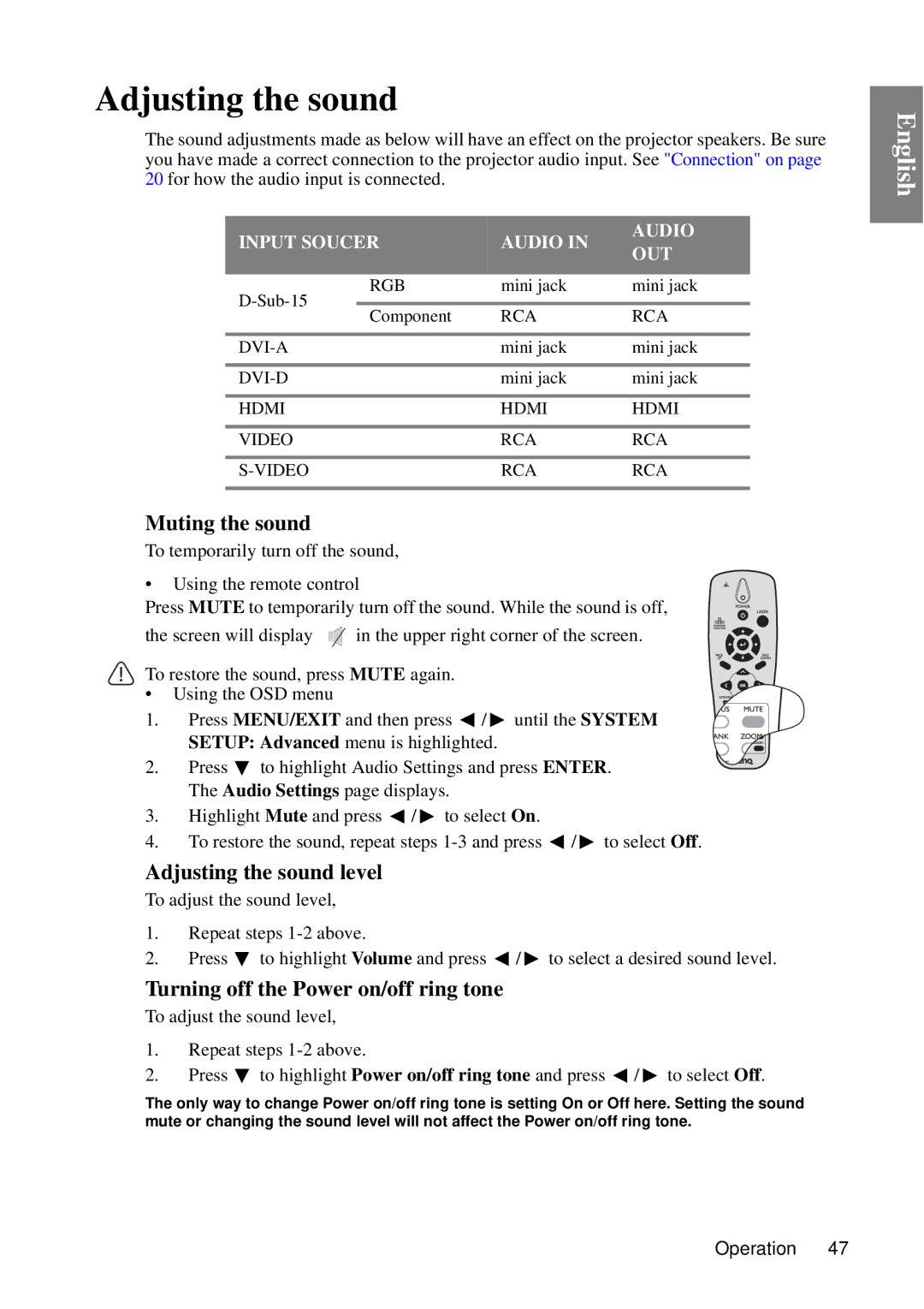 BenQ MP727, MP735 user manual Muting the sound, Adjusting the sound level, Turning off the Power on/off ring tone 