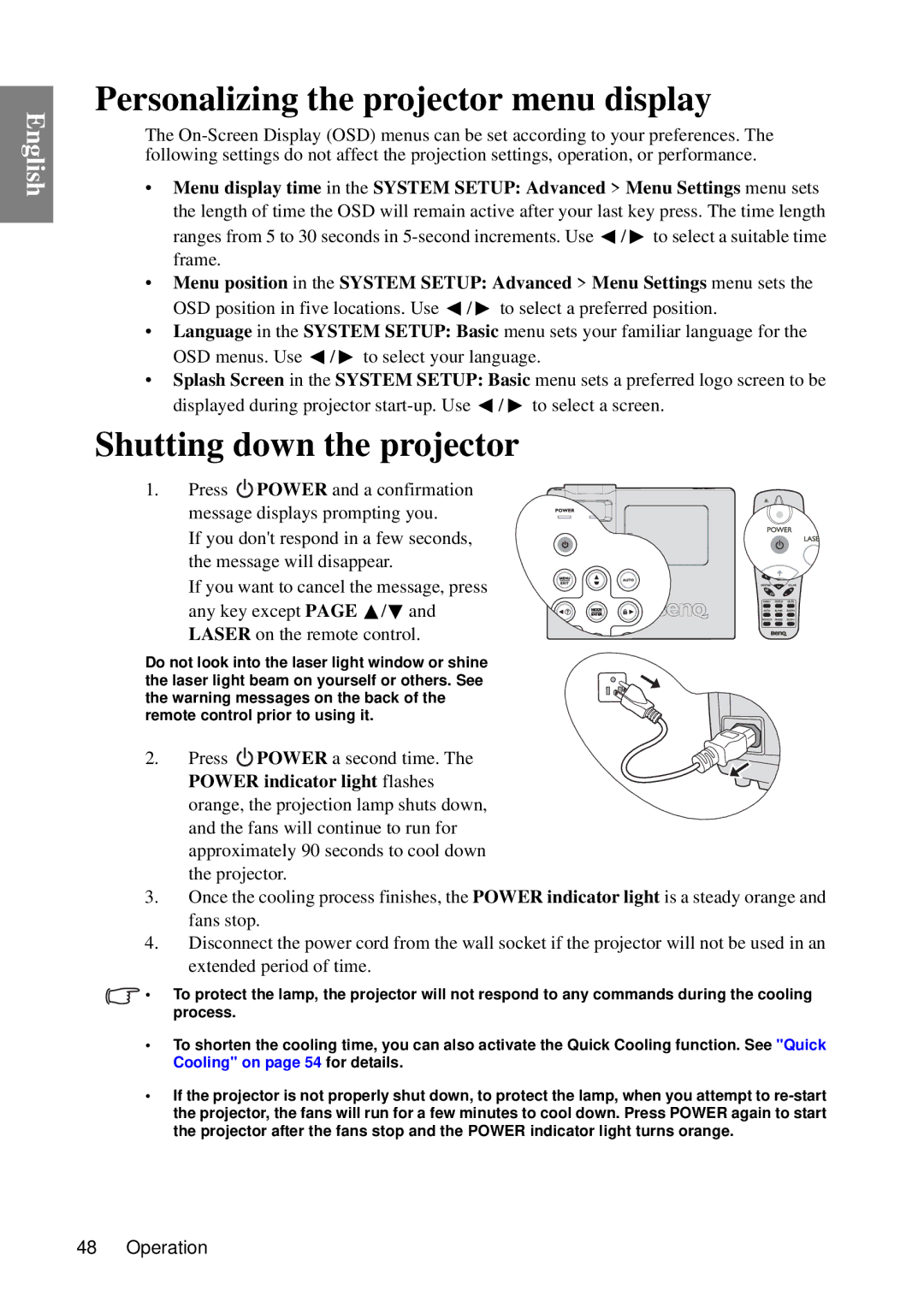 BenQ MP735, MP727 user manual Personalizing the projector menu display, Shutting down the projector 