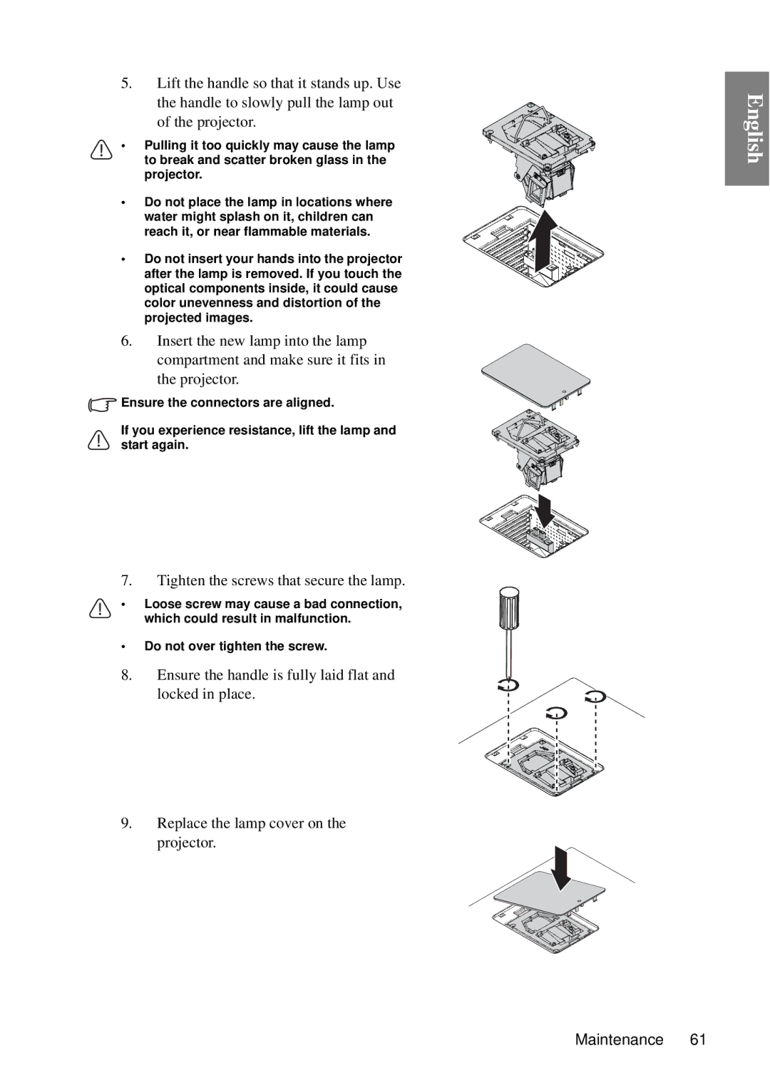 BenQ MP727, MP735 user manual Tighten the screws that secure the lamp 