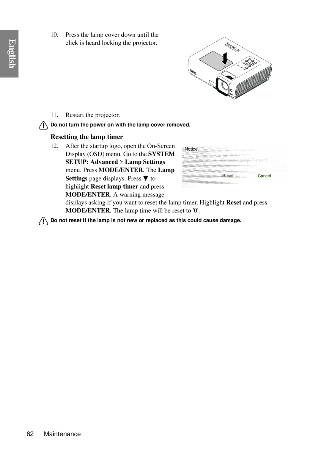 BenQ MP735, MP727 Setup Advanced Lamp Settings, Menu. Press MODE/ENTER. The Lamp, Settings page displays. Press to 