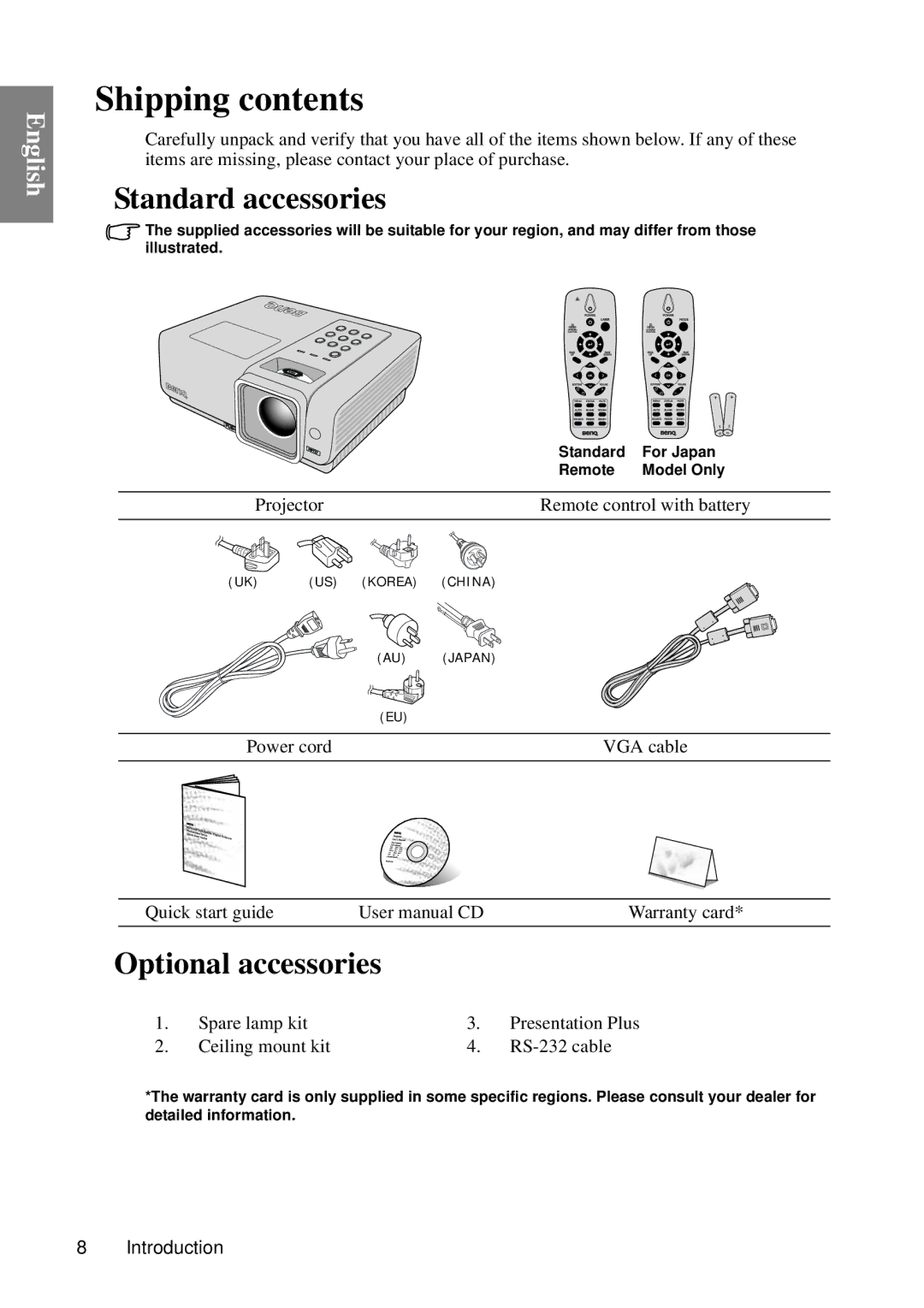 BenQ MP735, MP727 user manual Shipping contents 