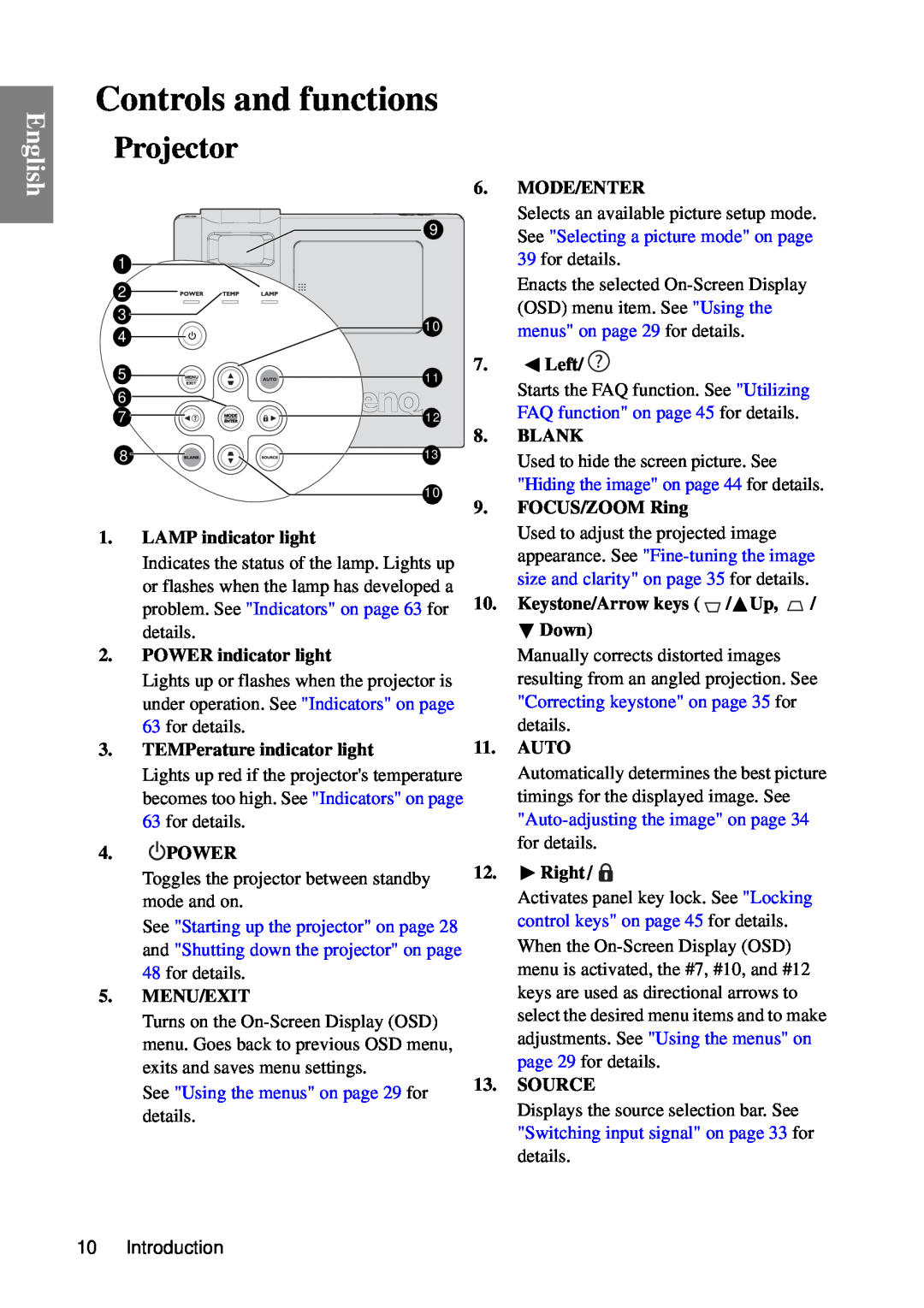 BenQ MP735, MP727 user manual Controls and functions, Projector, English, See Using the menus on page 29 for details 