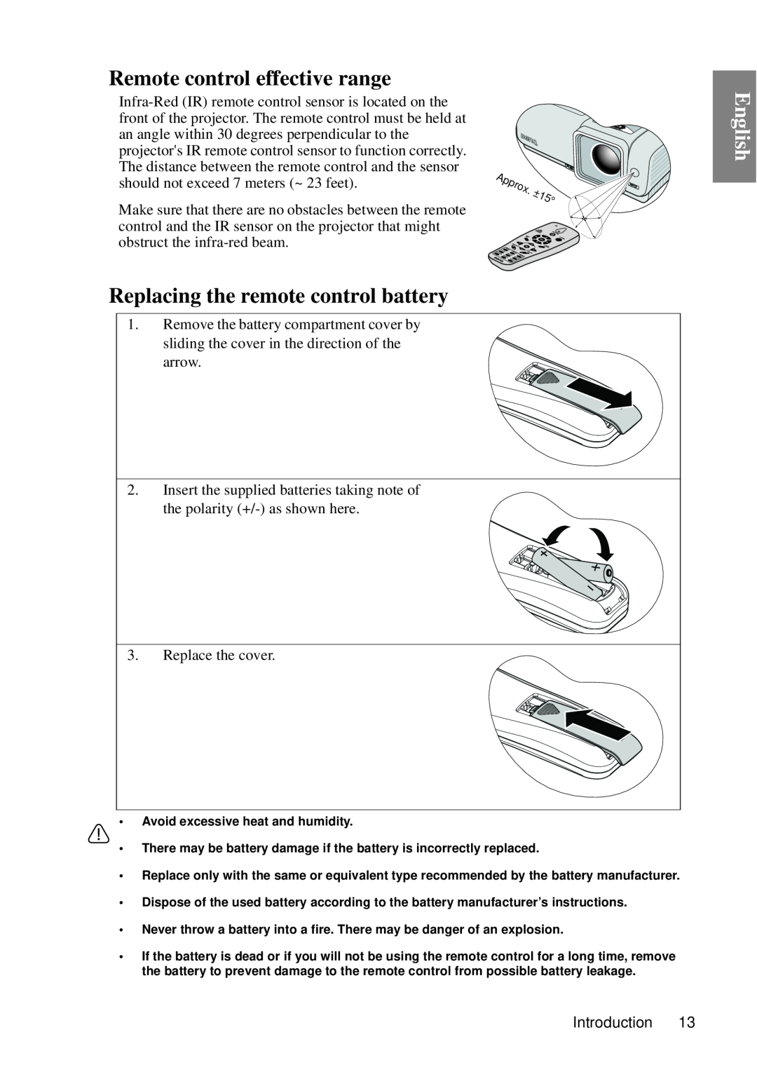 BenQ MP727, MP735 user manual Remote control effective range, Replacing the remote control battery, English 