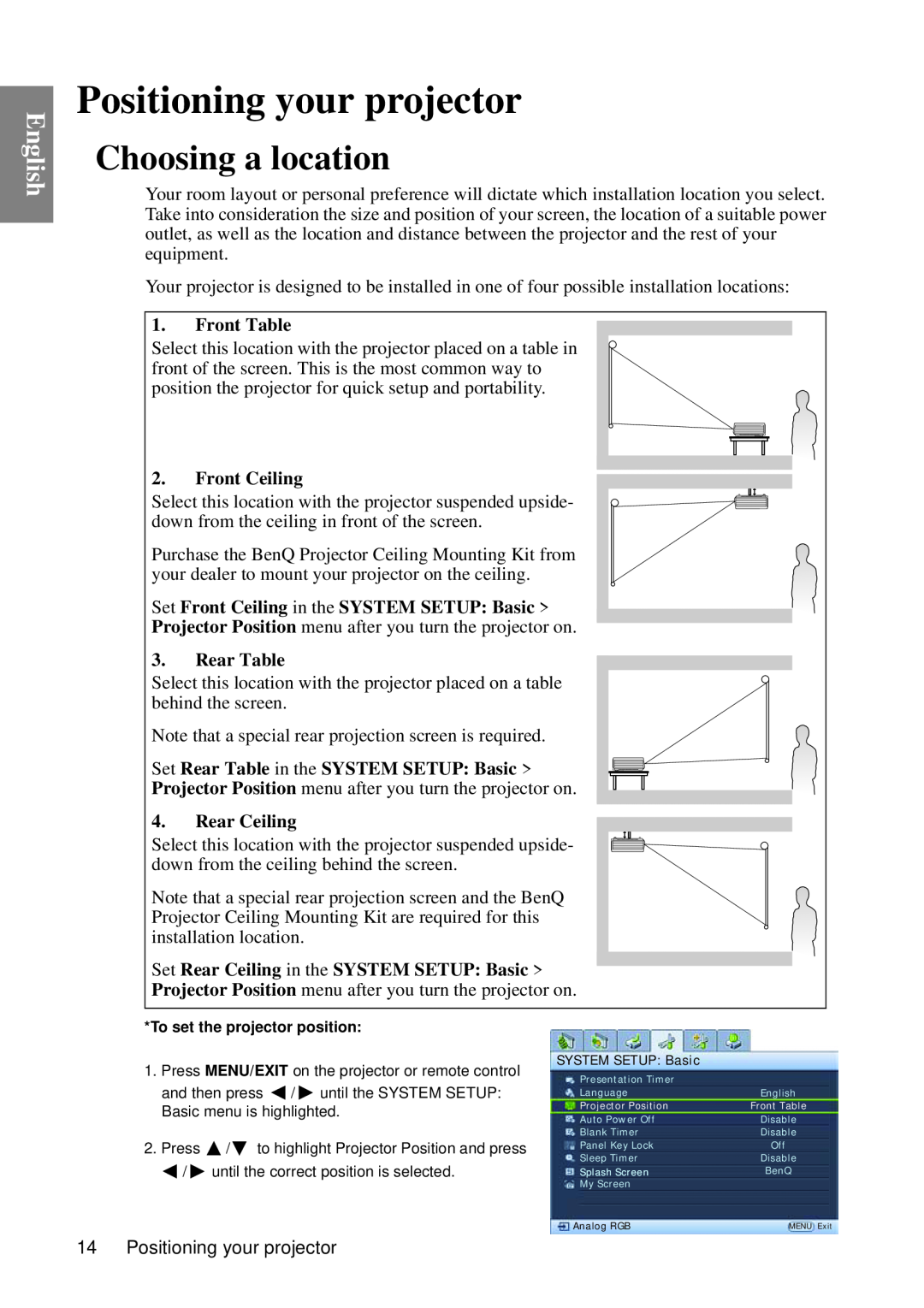 BenQ MP735, MP727 user manual Positioning your projector, Choosing a location, English 
