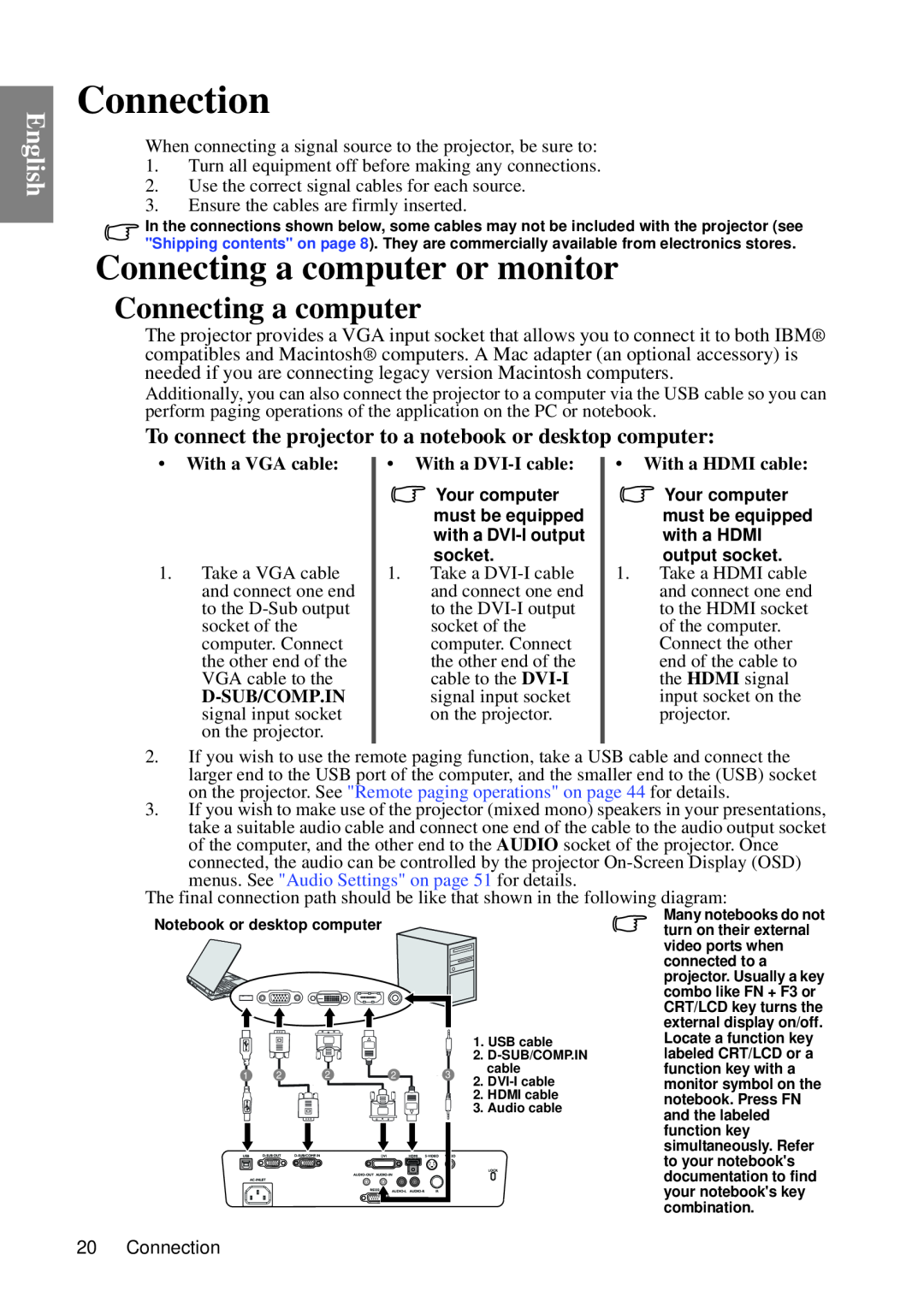 BenQ MP735, MP727 Connection, Connecting a computer or monitor, To connect the projector to a notebook or desktop computer 