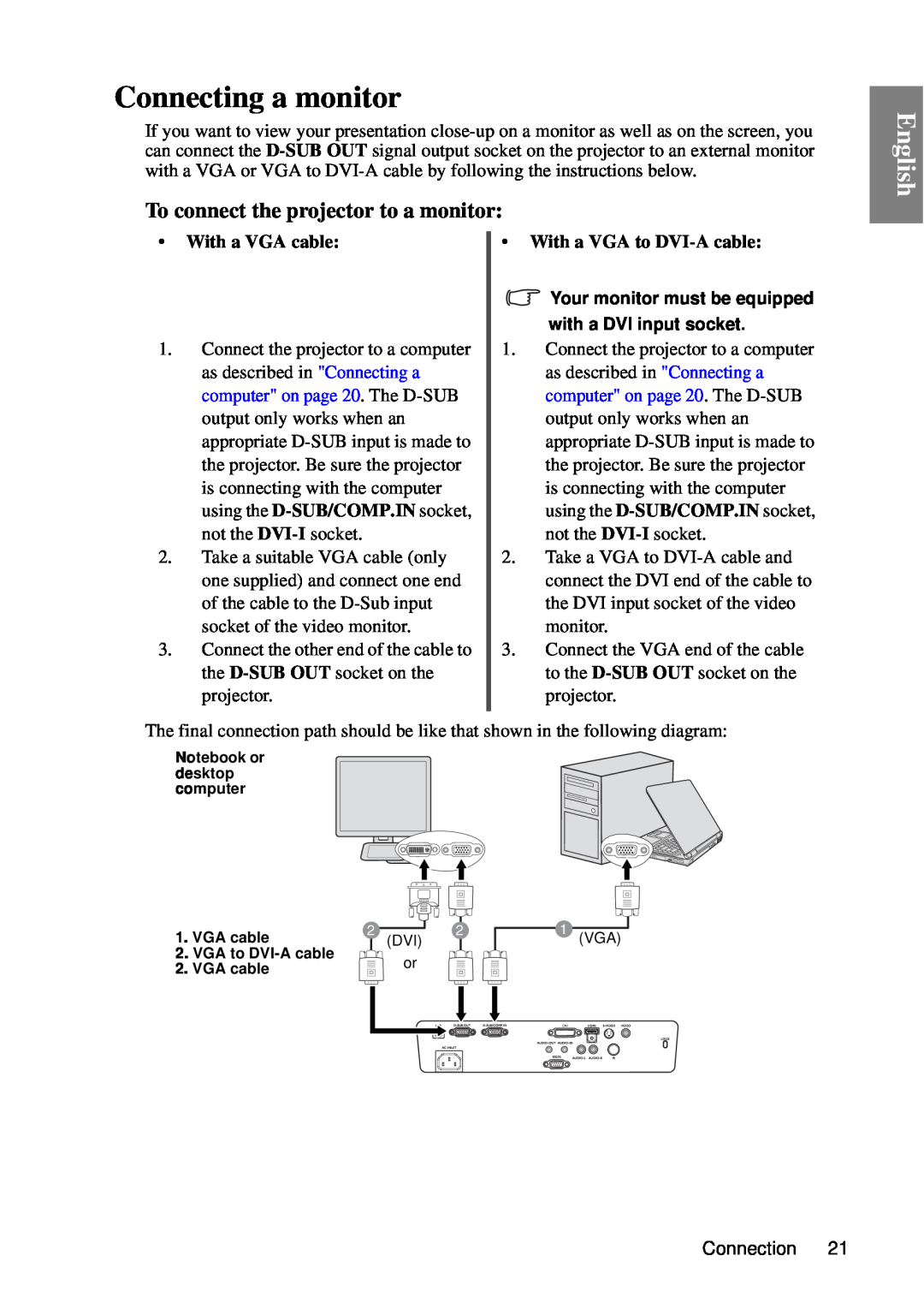 BenQ MP727, MP735 user manual Connecting a monitor, To connect the projector to a monitor, English 