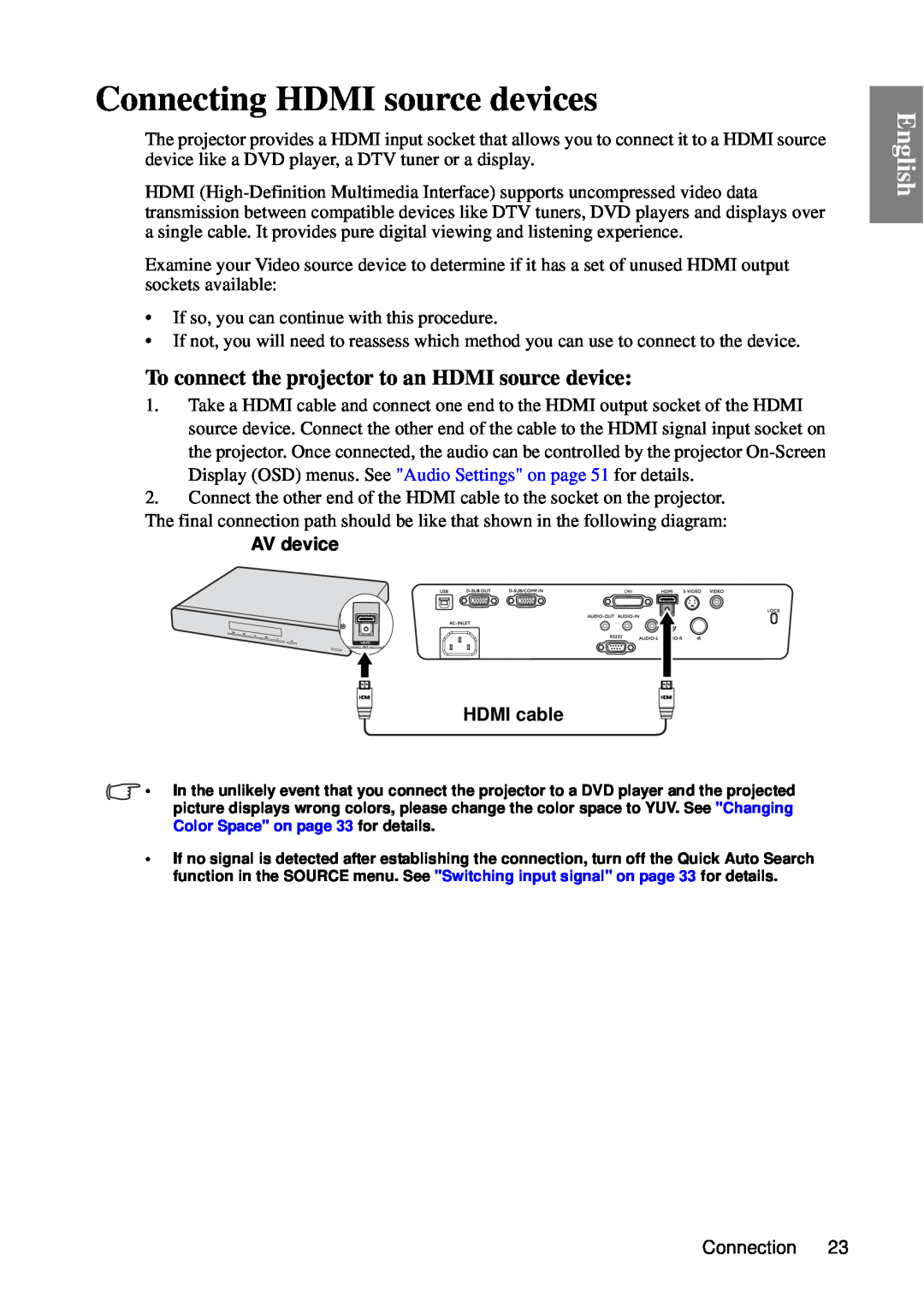 BenQ MP727, MP735 user manual Connecting HDMI source devices, To connect the projector to an HDMI source device, English 