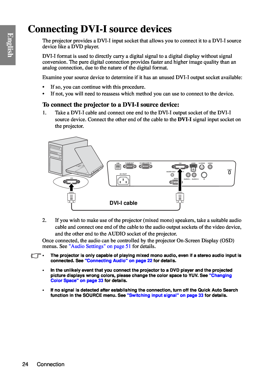 BenQ MP735, MP727 user manual Connecting DVI-I source devices, To connect the projector to a DVI-I source device, English 