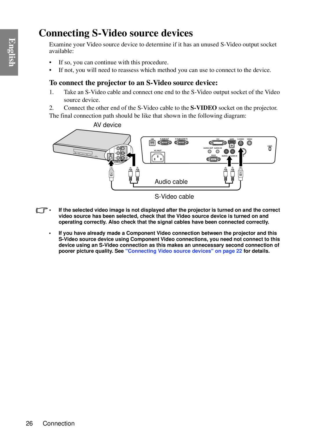 BenQ MP735, MP727 Connecting S-Video source devices, To connect the projector to an S-Video source device, English 