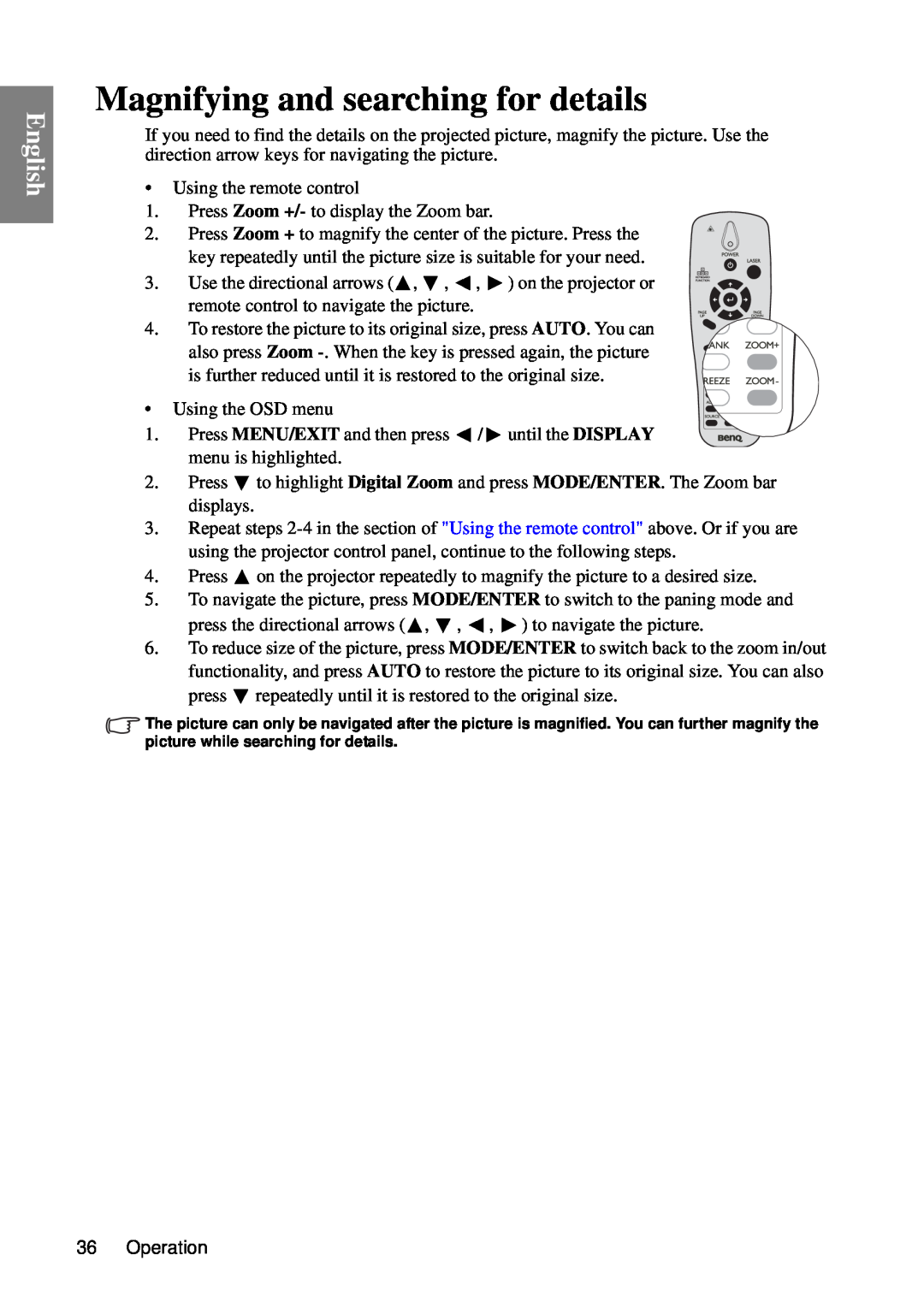 BenQ MP735, MP727 user manual Magnifying and searching for details, English, Operation 